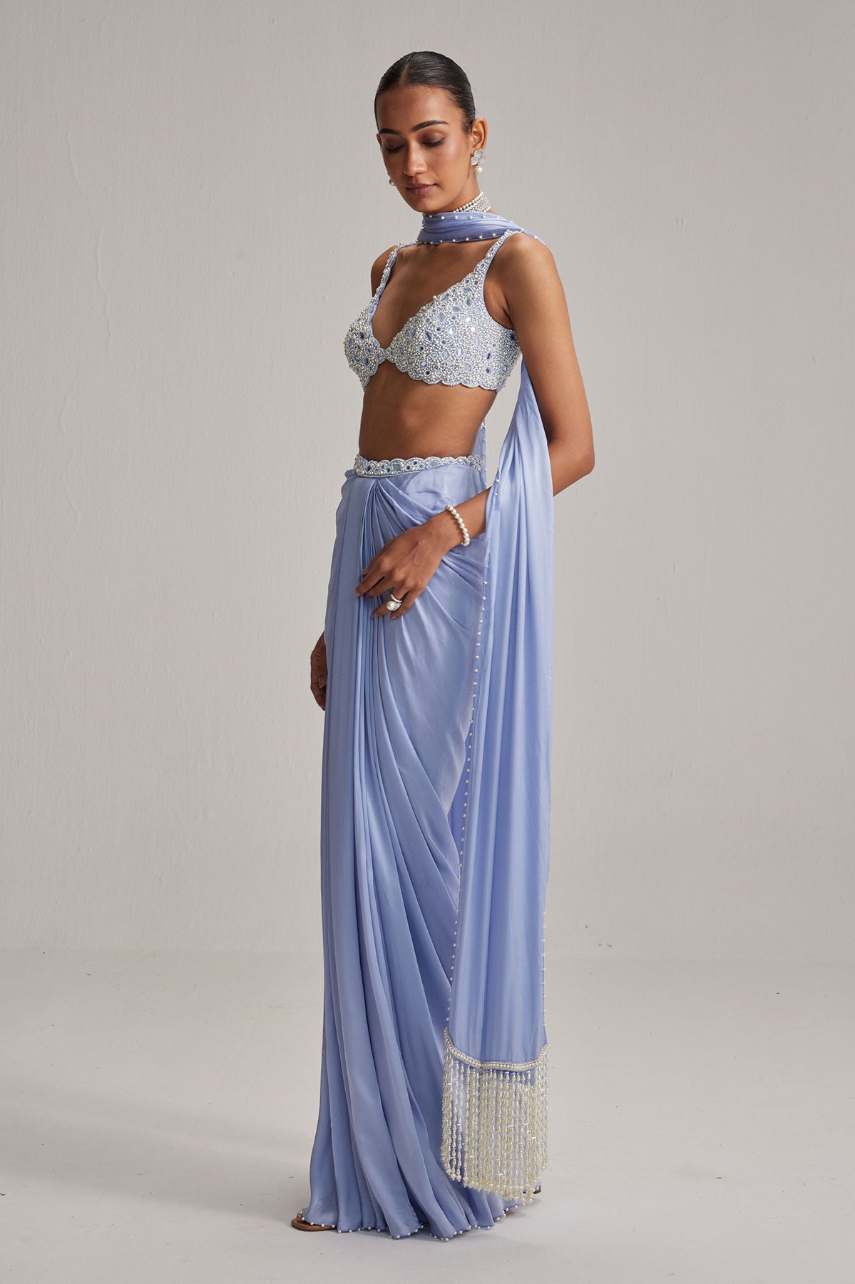 Dew Blue Satin Draped Skirt Set
