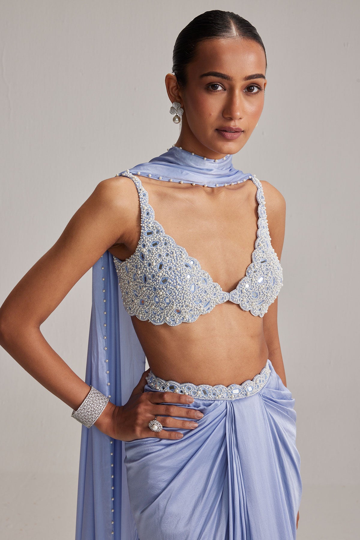 Dew Blue Satin Draped Skirt Set