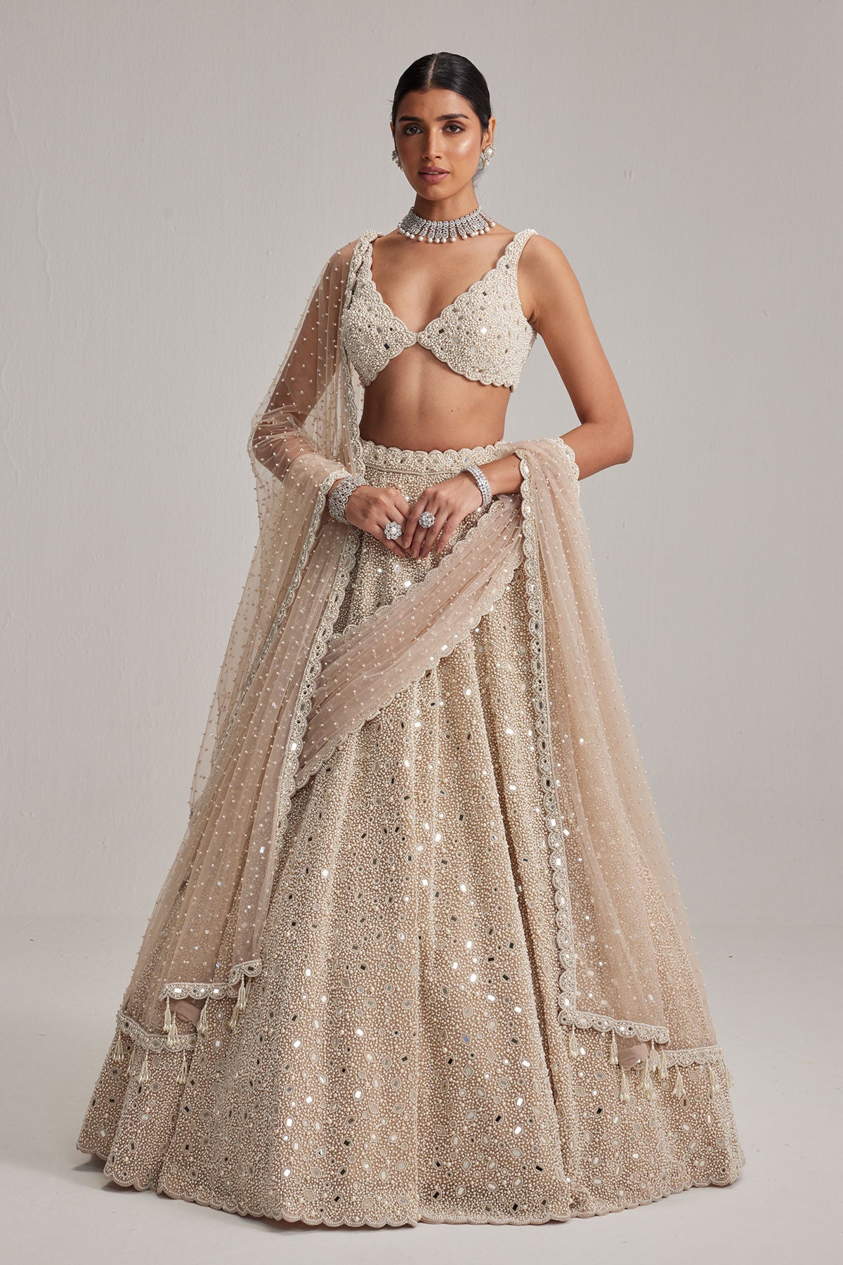Light Beige Dense mirror and pearl lehenga set With Double Dupatta