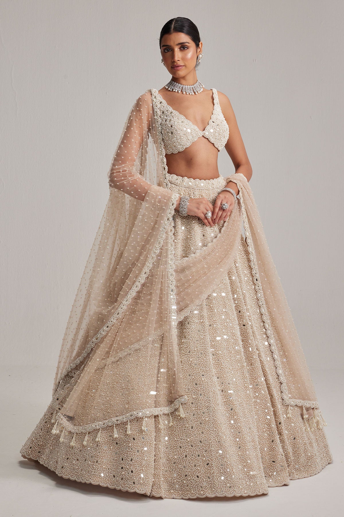 Light Beige Dense mirror and pearl lehenga set With Double Dupatta