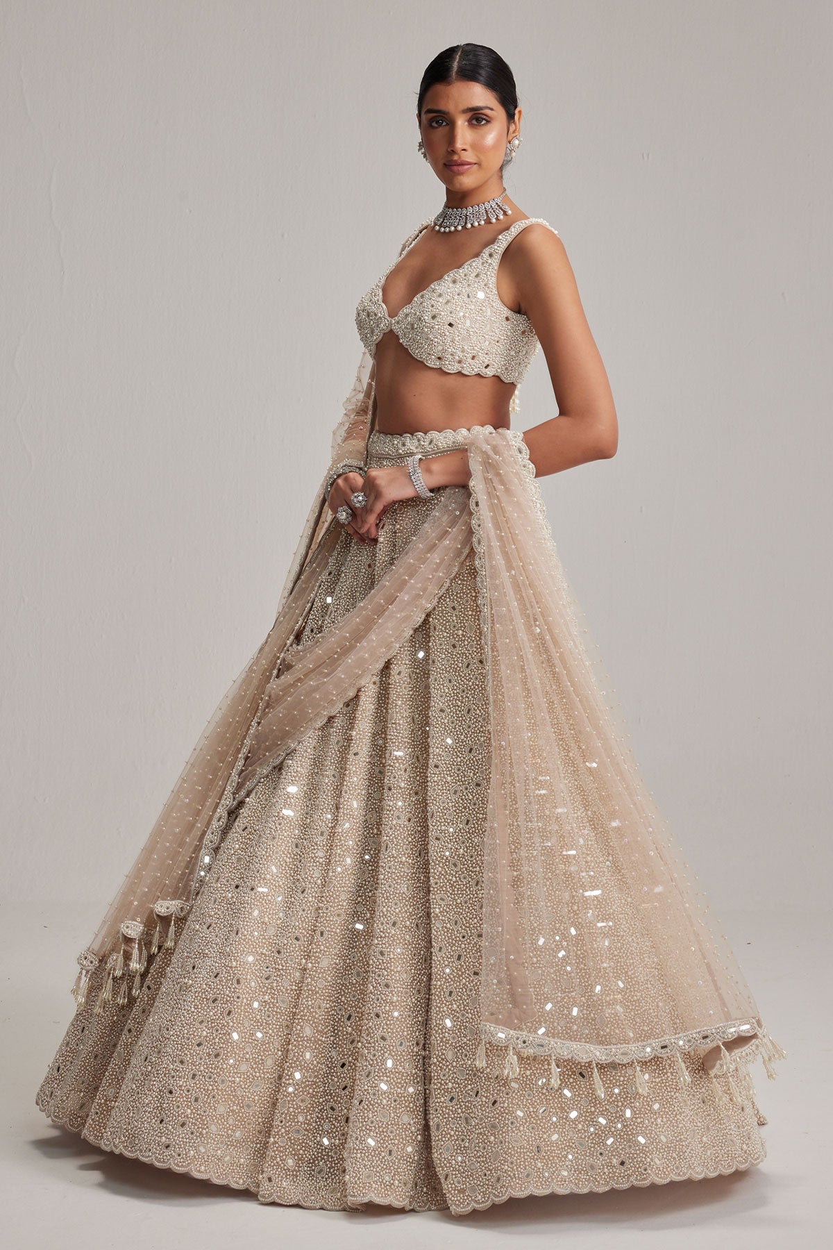 Light Beige Dense mirror and pearl lehenga set With Double Dupatta