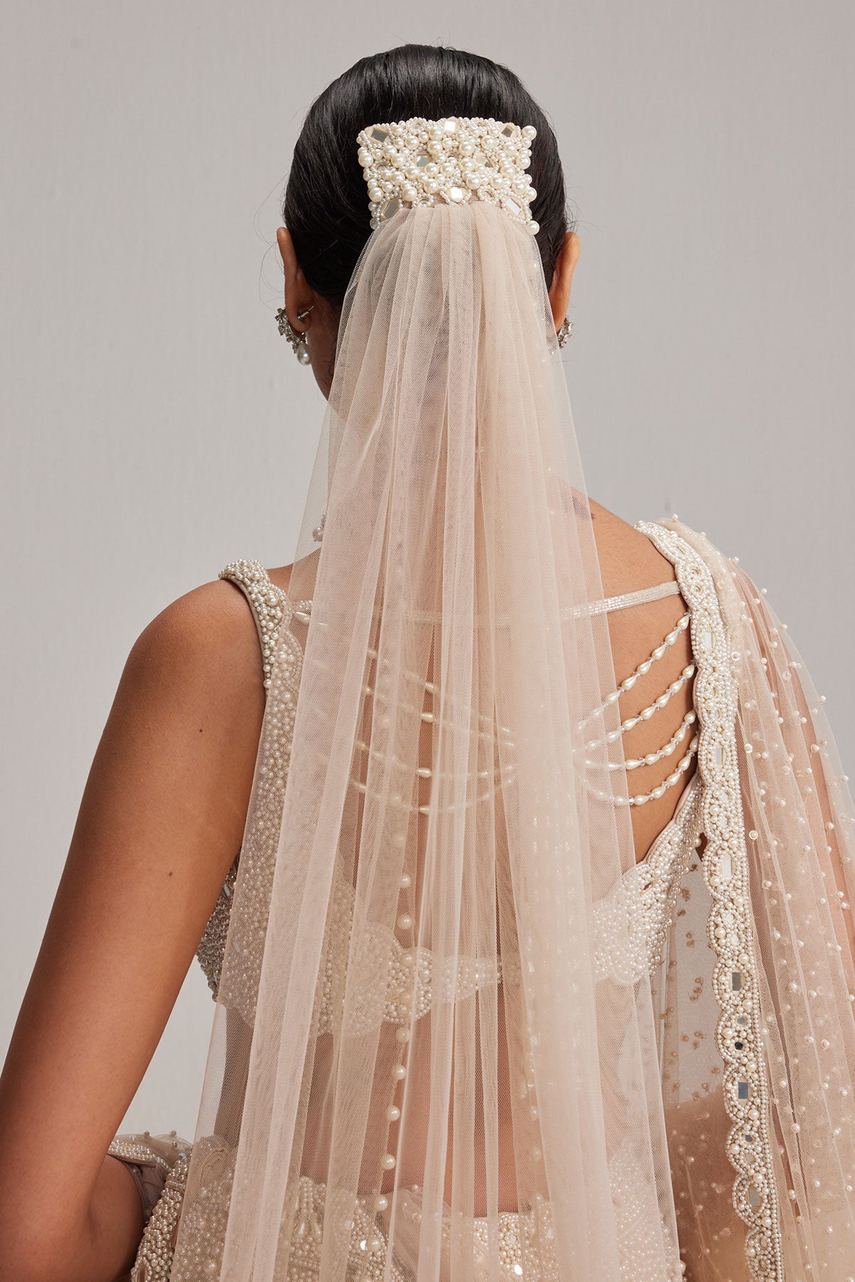 Light Beige Dense mirror and pearl lehenga set with Double Dupatta and Veil