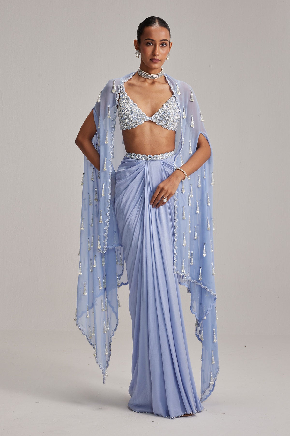 Dew Blue Cape And Satin draped skirt Set