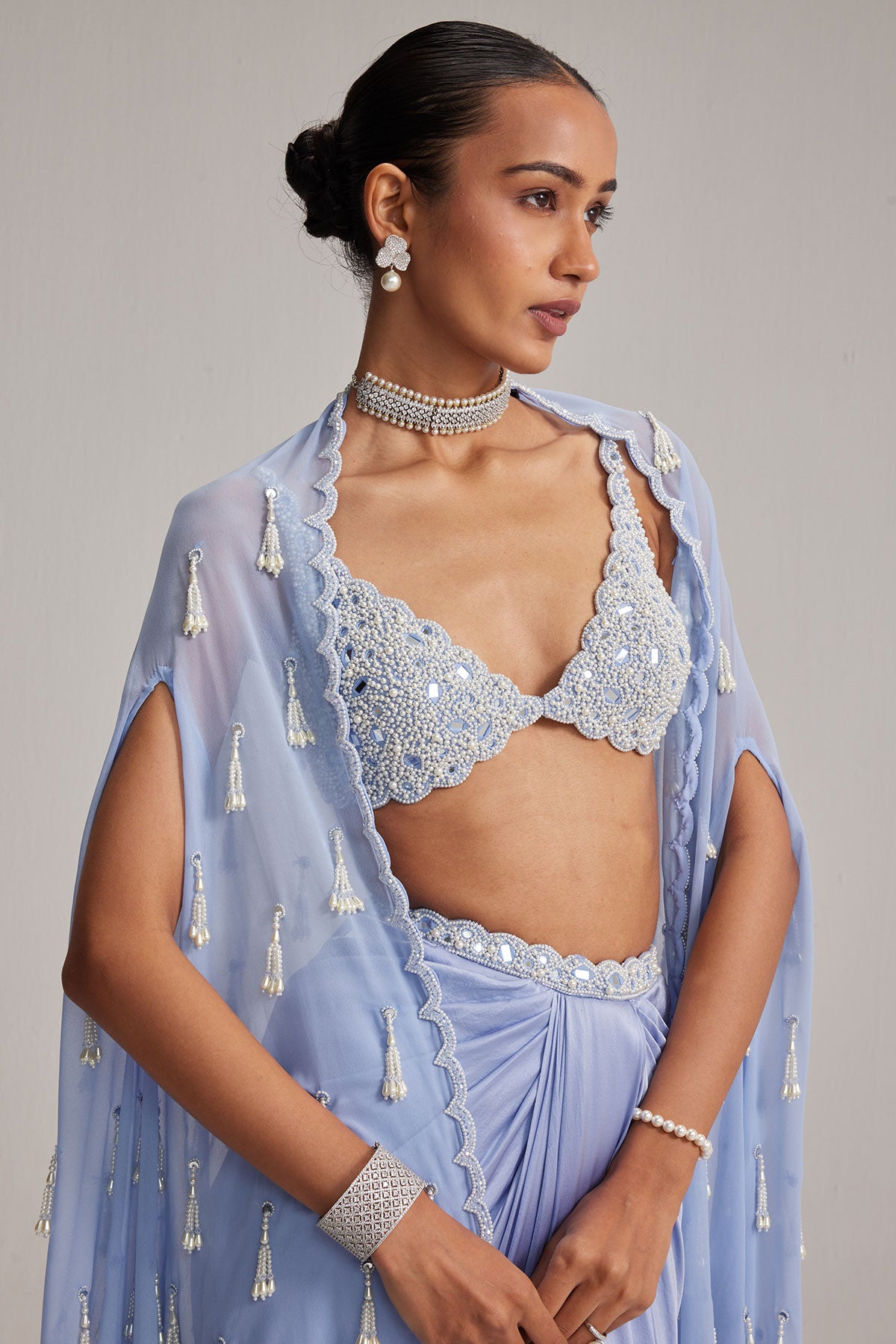 Dew Blue Cape And Satin draped skirt Set