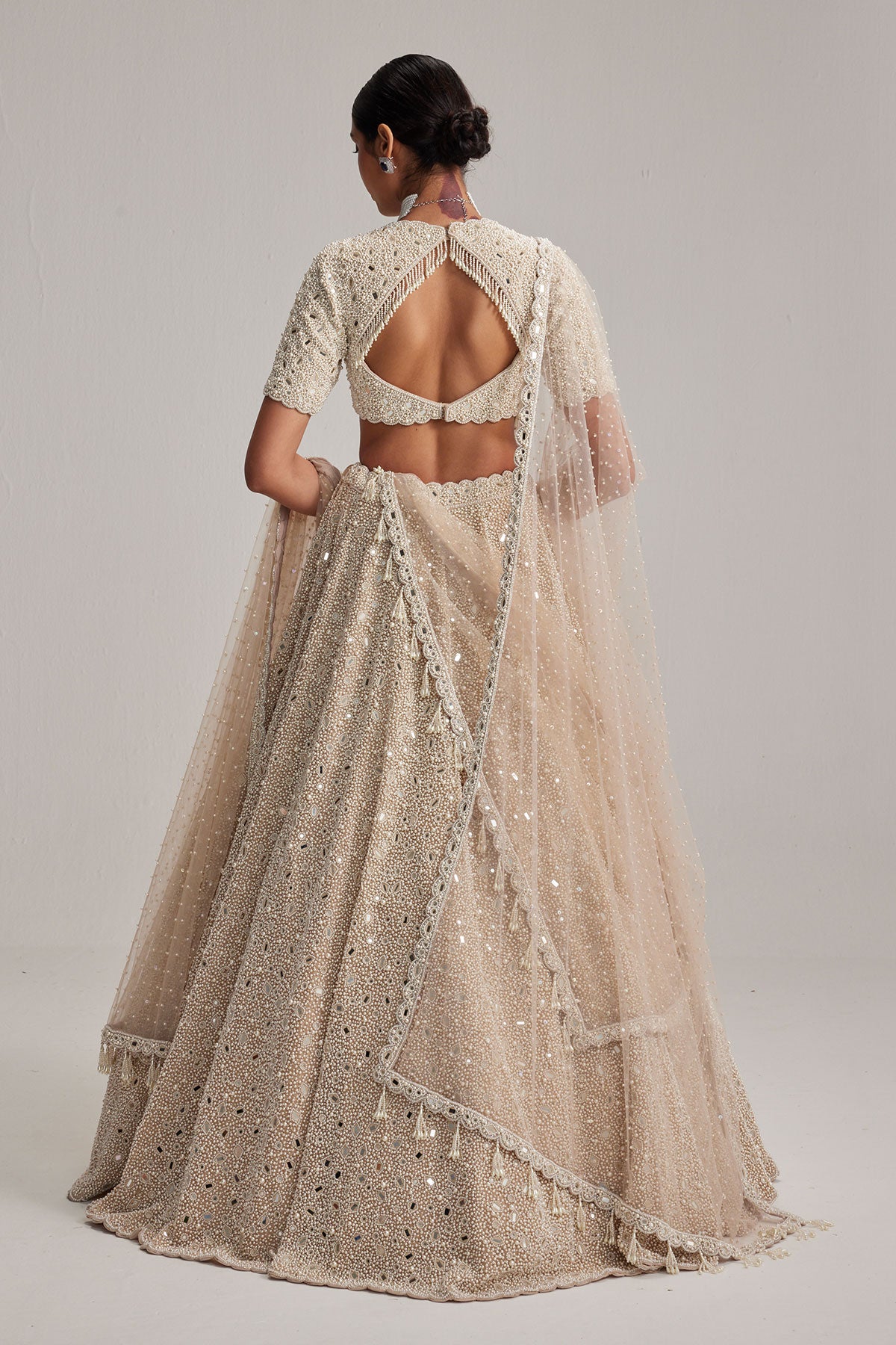 Light Beige Dense Pearl and mirror Lehenga Set with High Neck Blouse, Double Dupatta and Veil