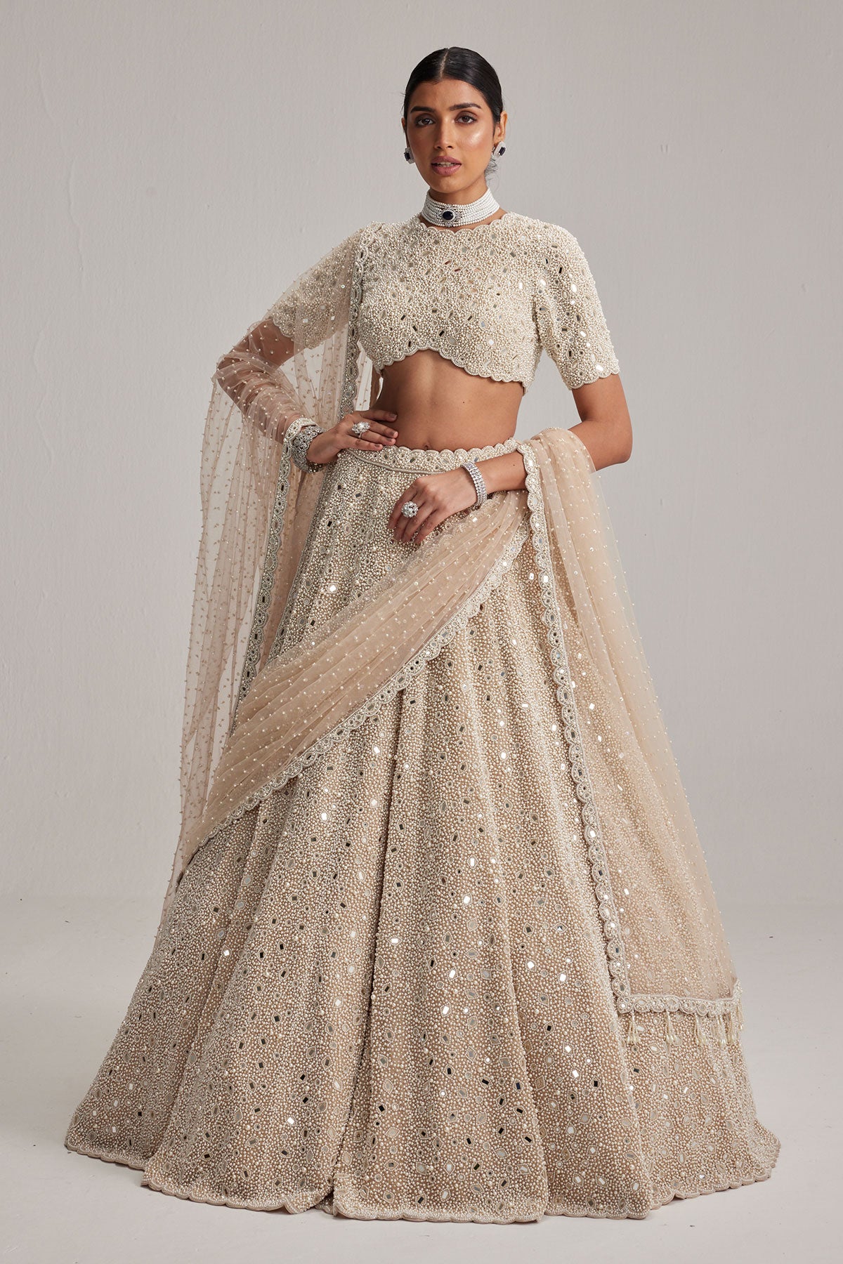 Light Beige dense mirror and pearl lehenga set with high neck blouse and Double Dupatta