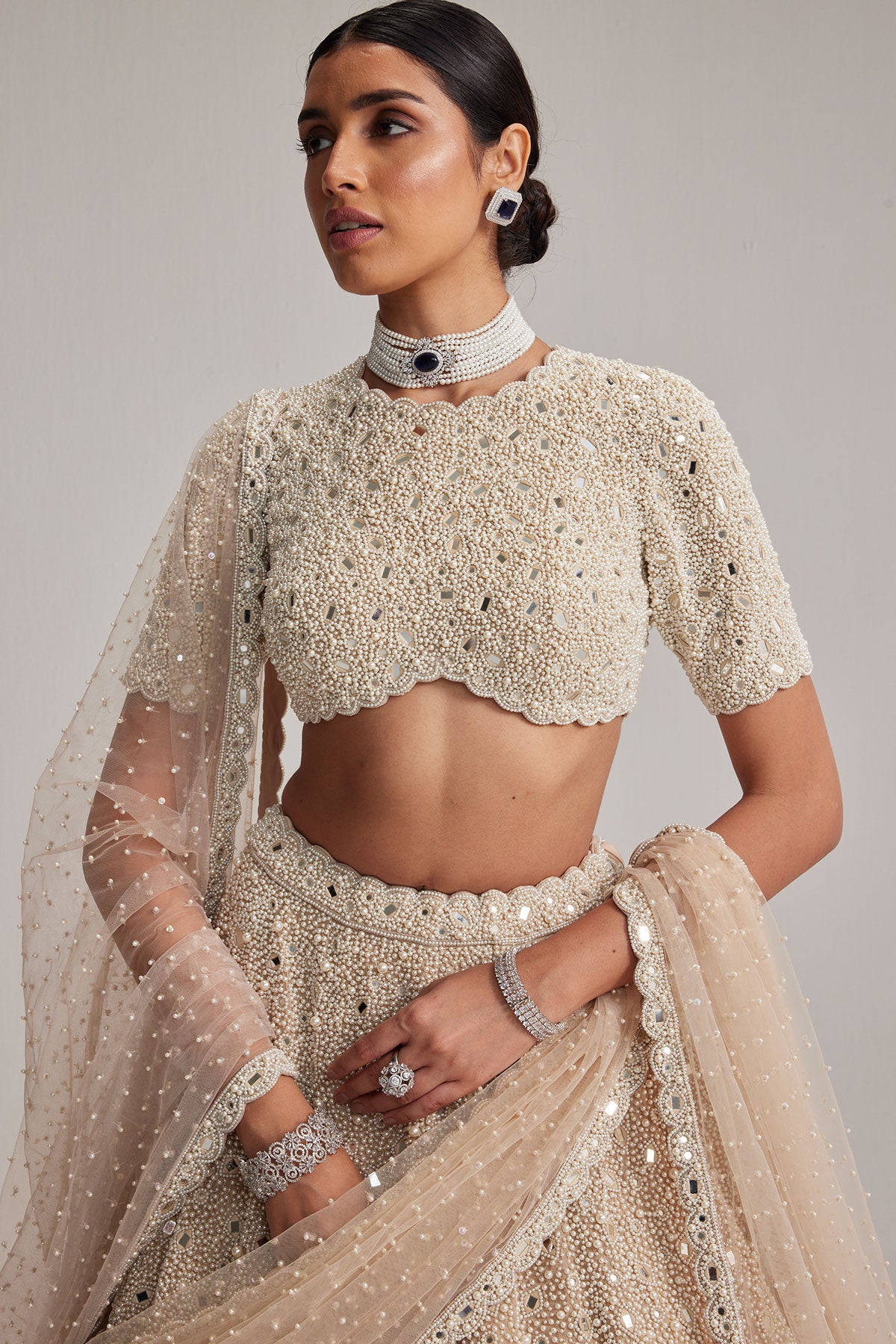 Light Beige dense mirror and pearl lehenga set with high neck blouse and Double Dupatta