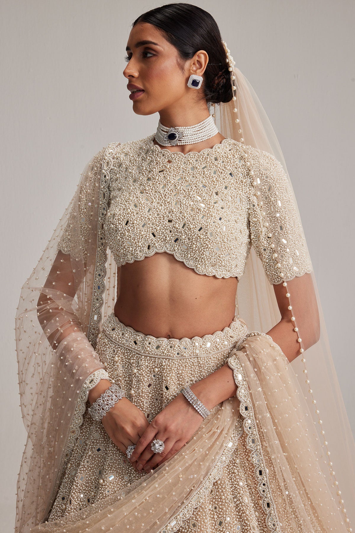 Light Beige Dense Pearl and mirror Lehenga Set with High Neck Blouse, Double Dupatta and Veil