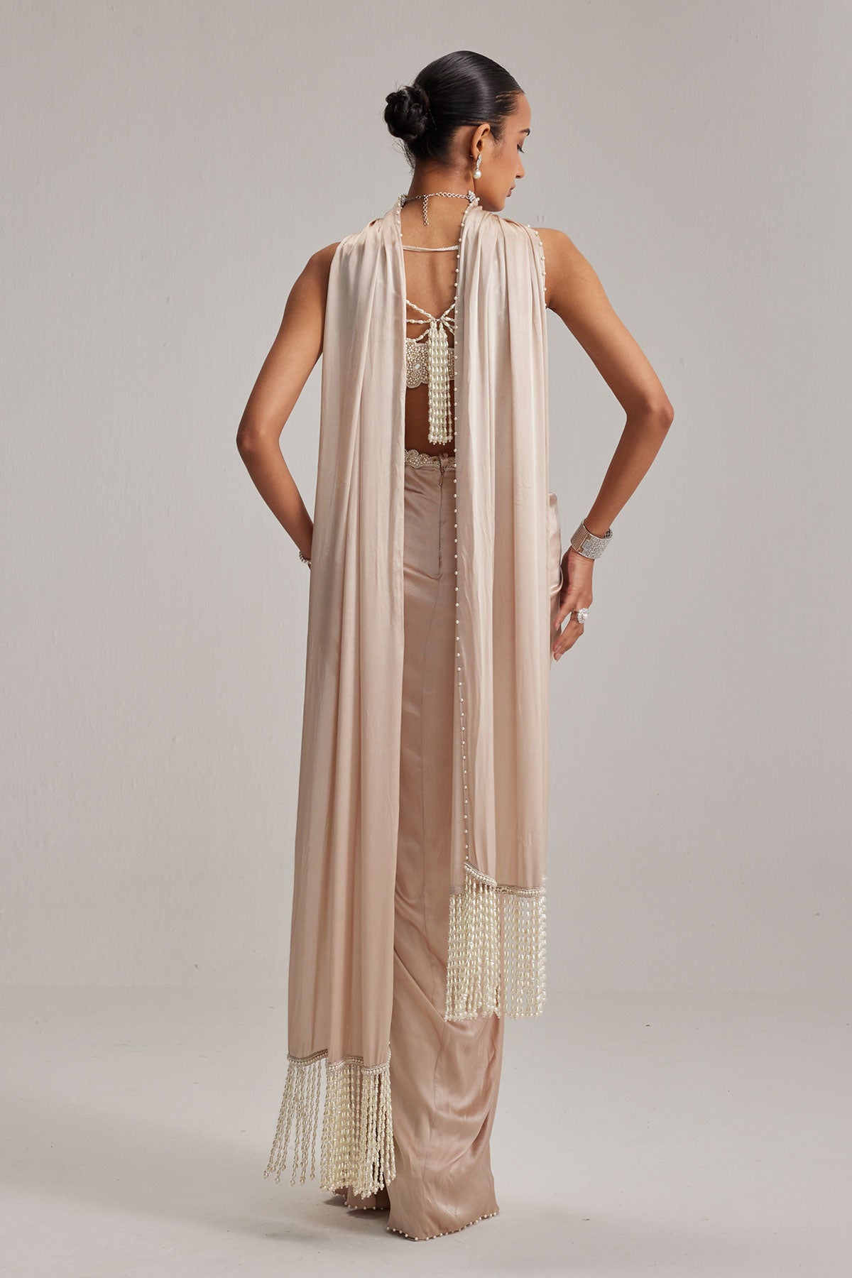 Light Beige Satin draped skirt set