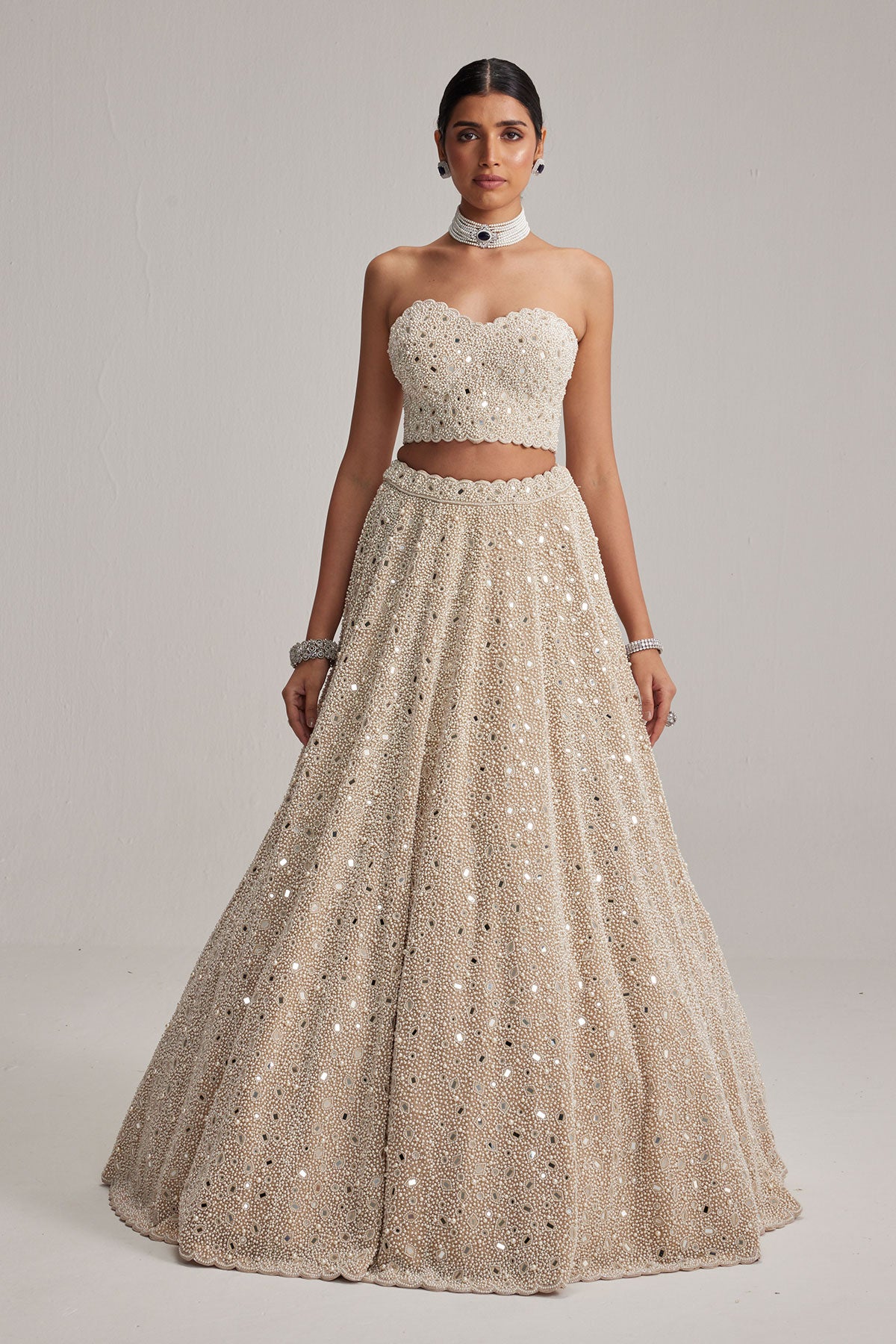 Light Beige Dense mirror and pearl Corset lehenga set