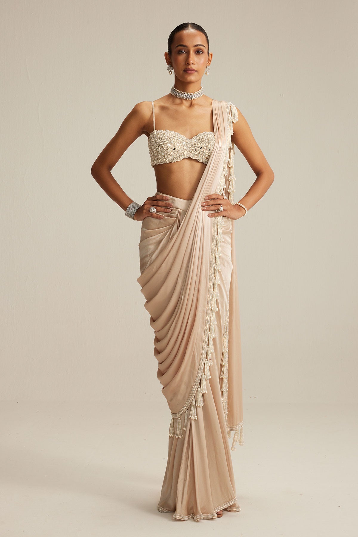 Light Beige mirror and pearl Satin Draped Saree set