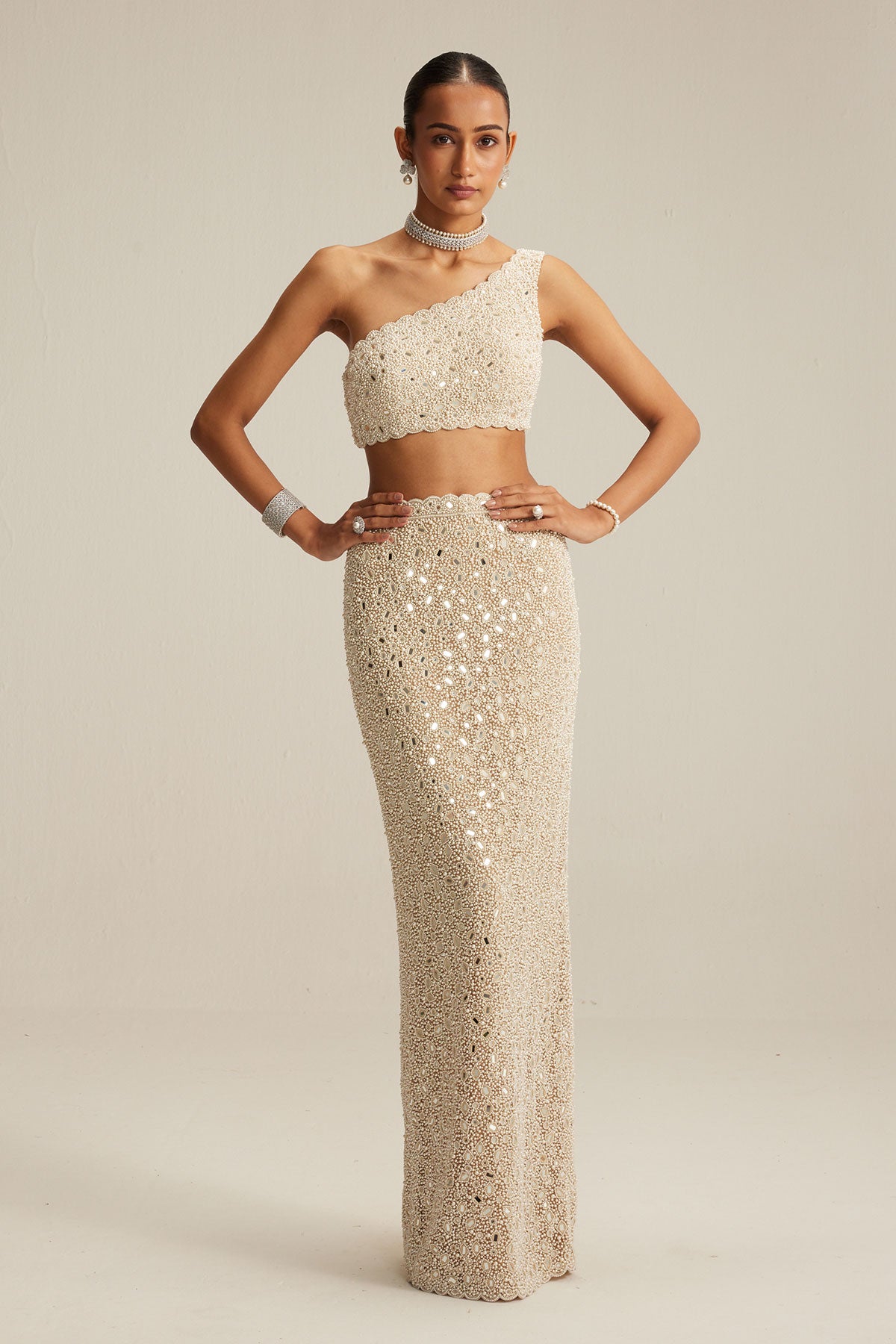 Light Beige One Shoulder Pencil Skirt Set.