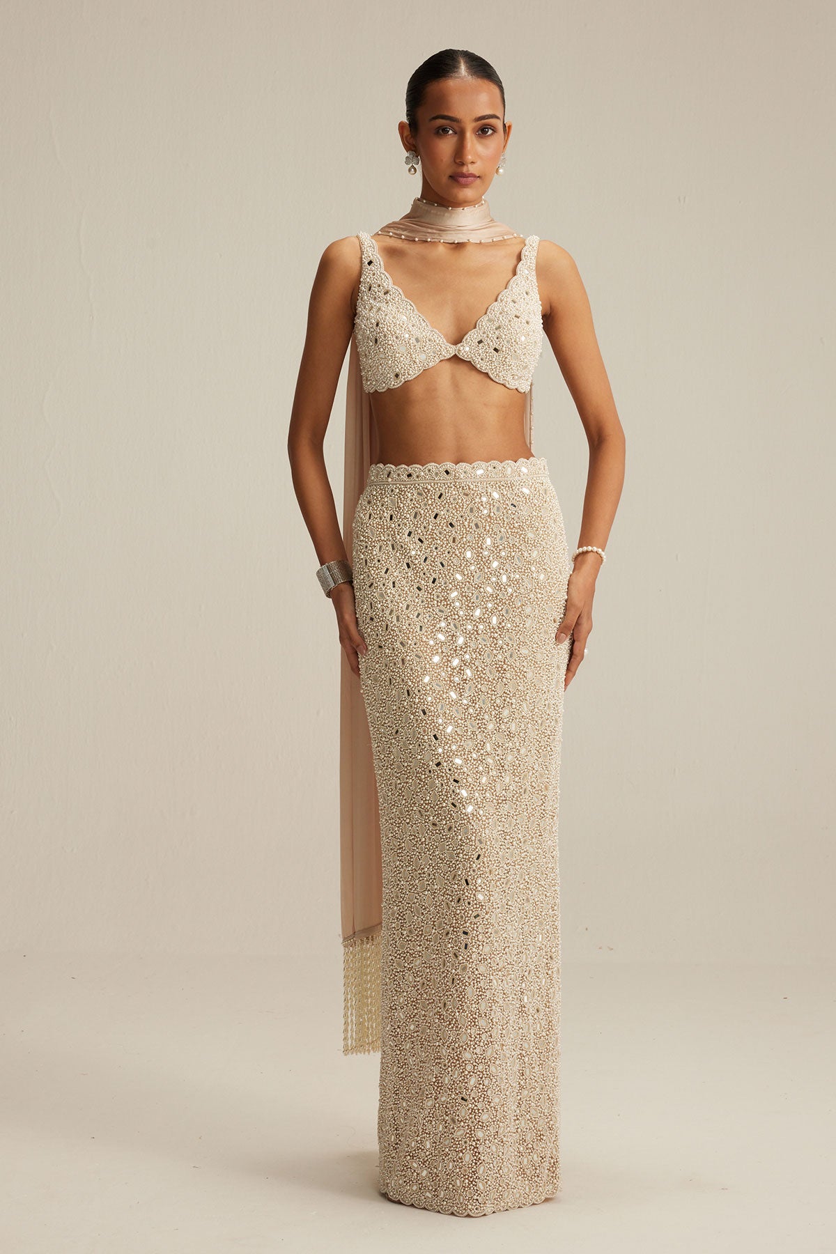 Light Beige V neck Pencil Skirt Set.