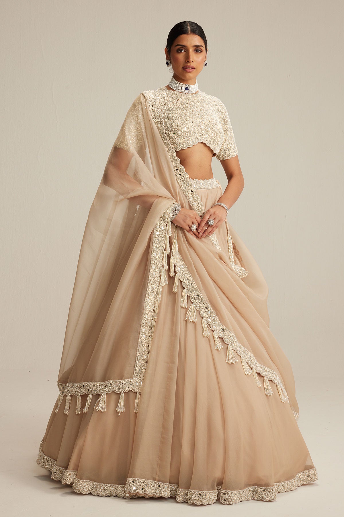 Light Beige High Neck Organza mirror and pearl lehenga set