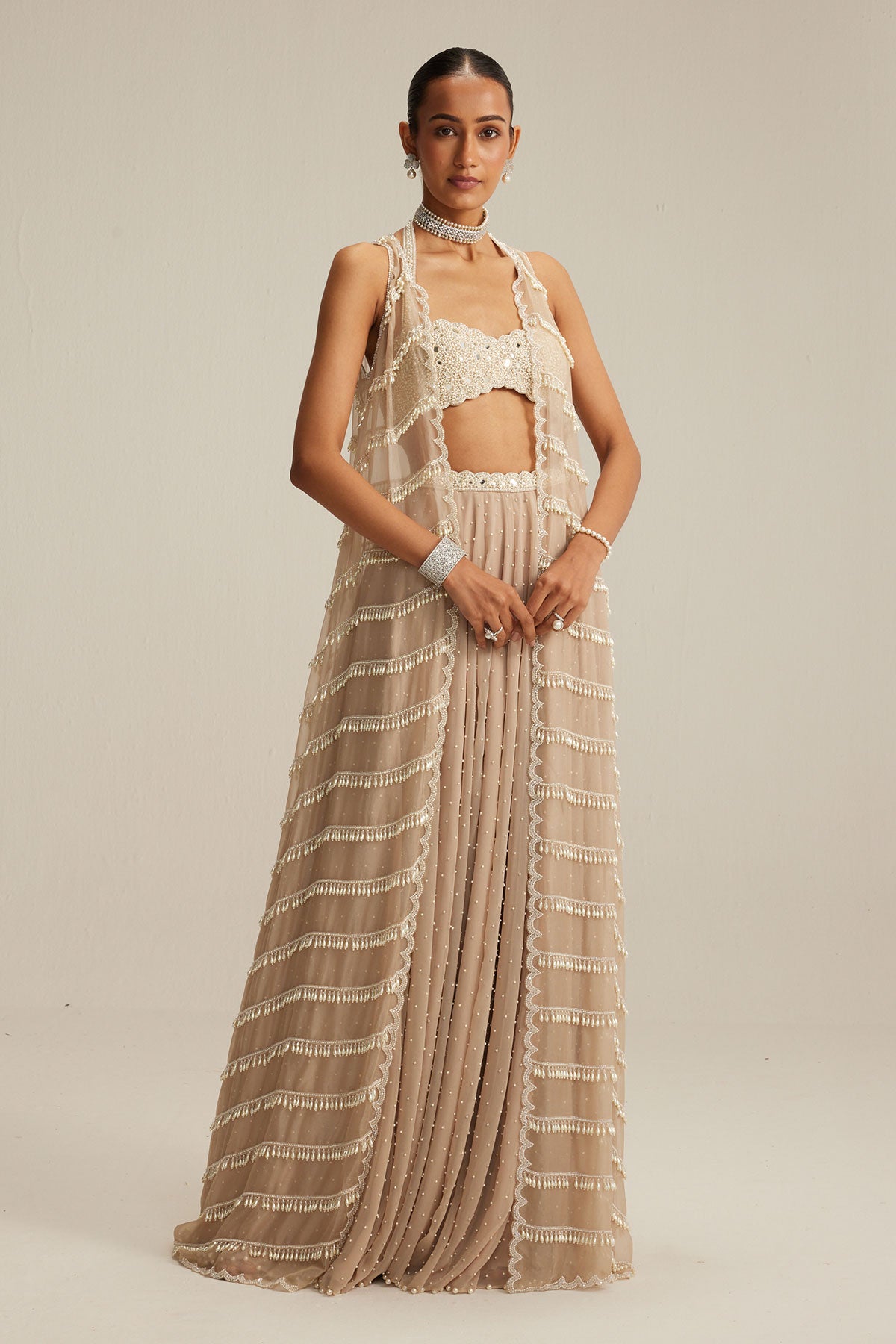 Light Beige Pearl Drop Jacket Set.