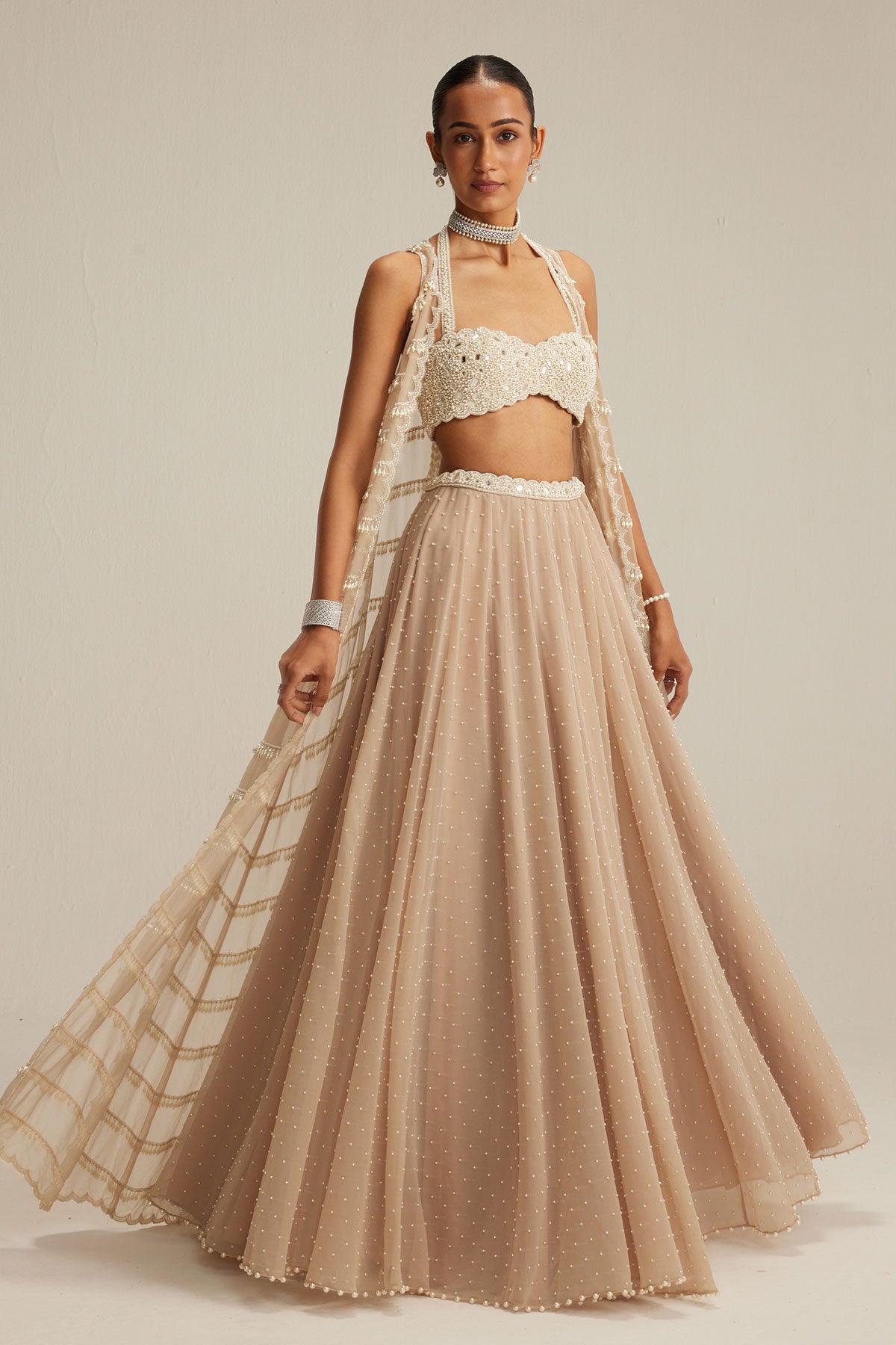 Light Beige Pearl Drop Jacket Set.