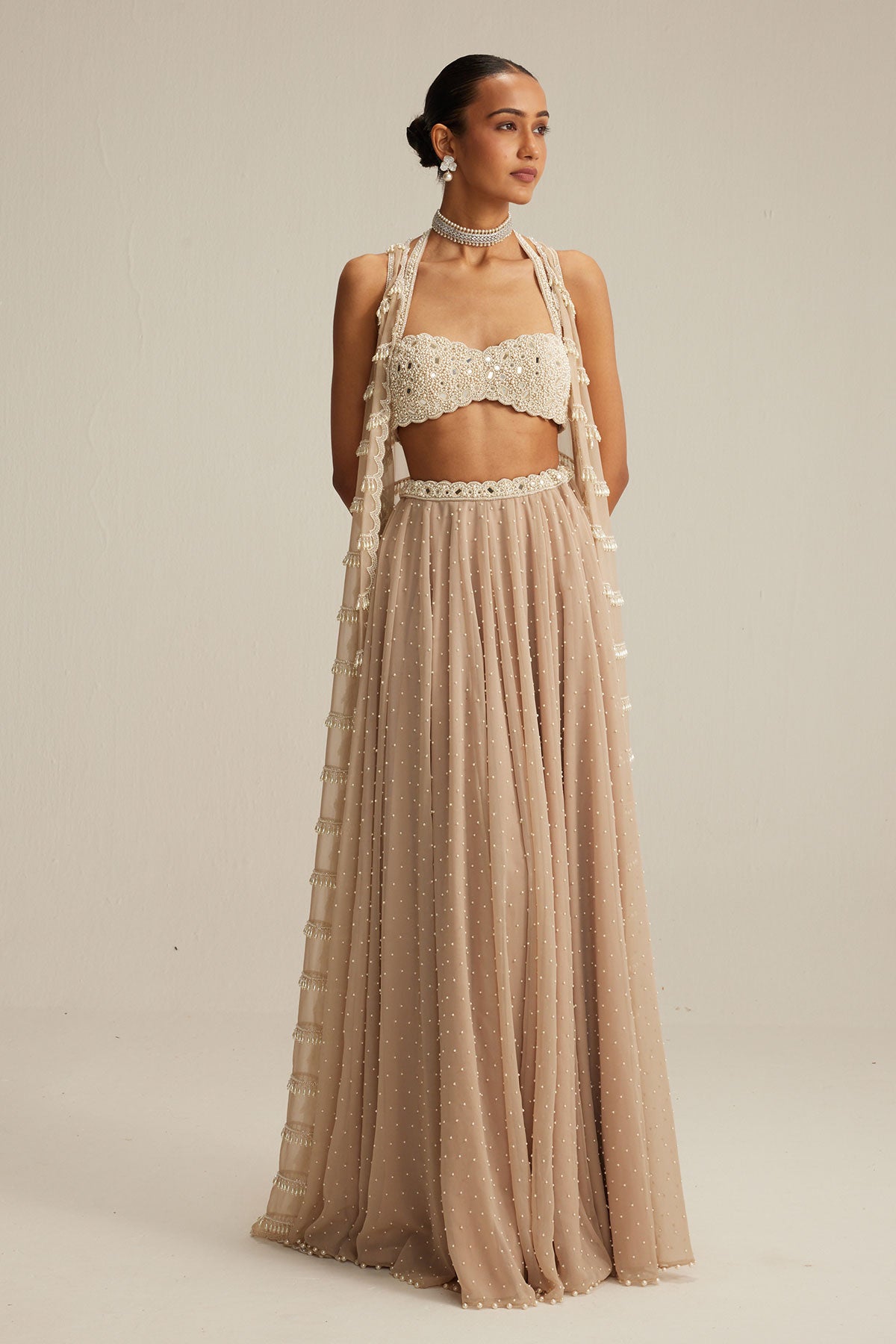 Light Beige Pearl Drop Jacket Set.