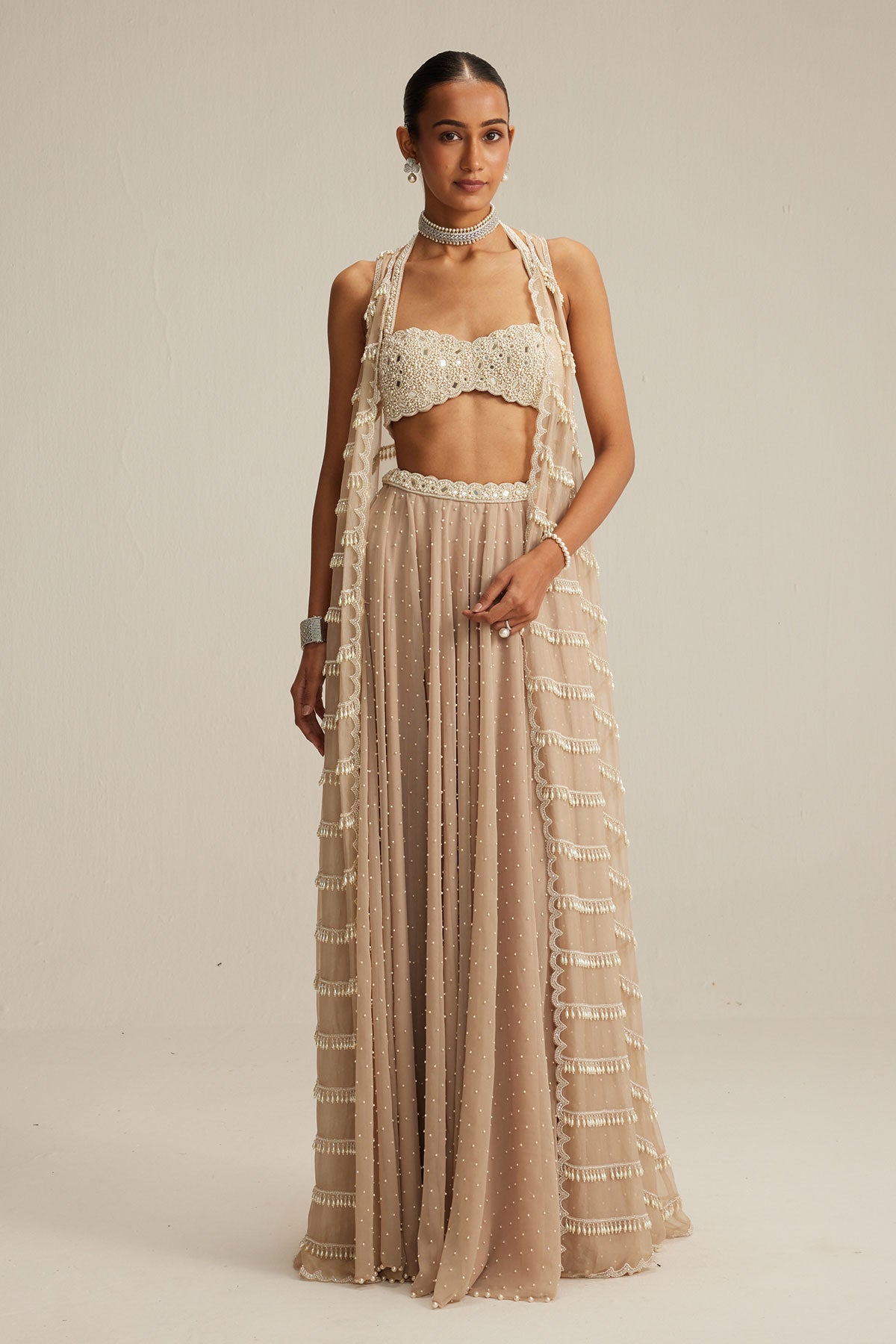 Light Beige Pearl Drop Jacket Set.