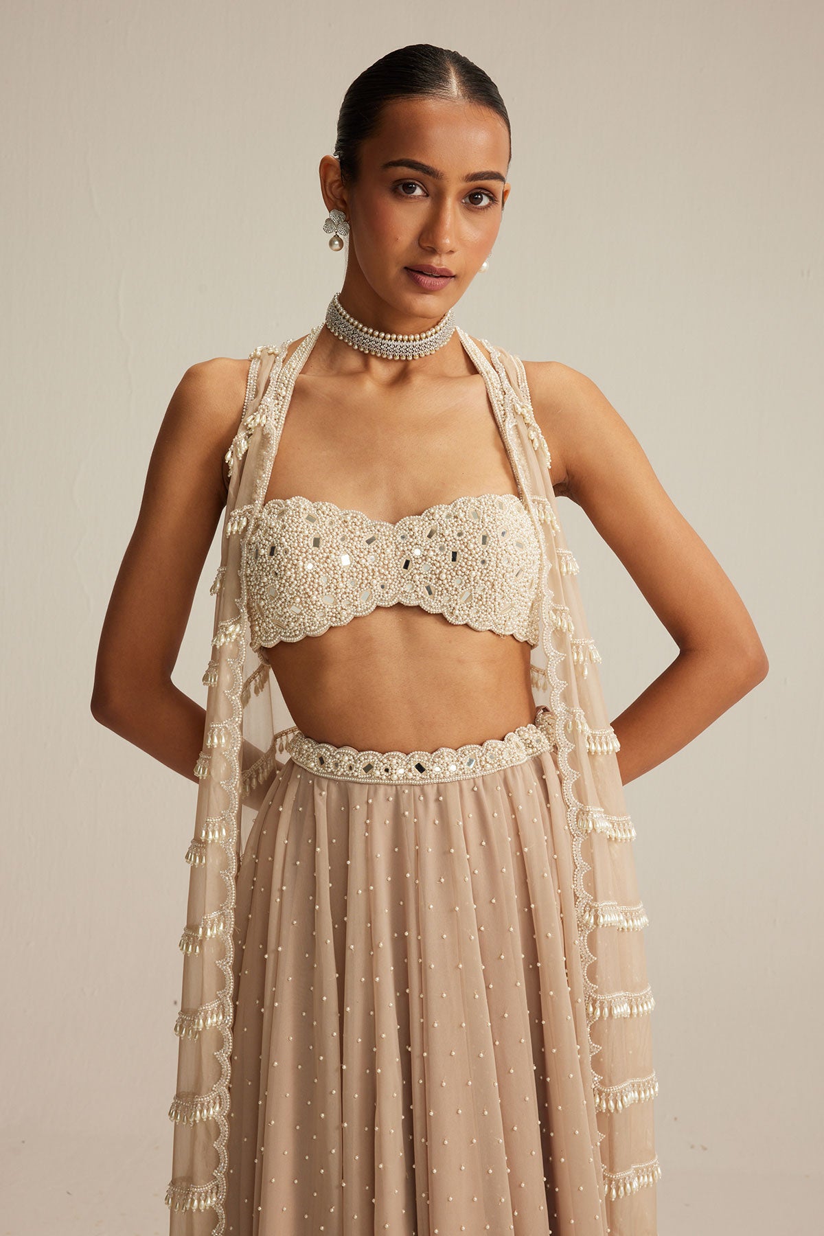 Light Beige Pearl Drop Jacket Set.