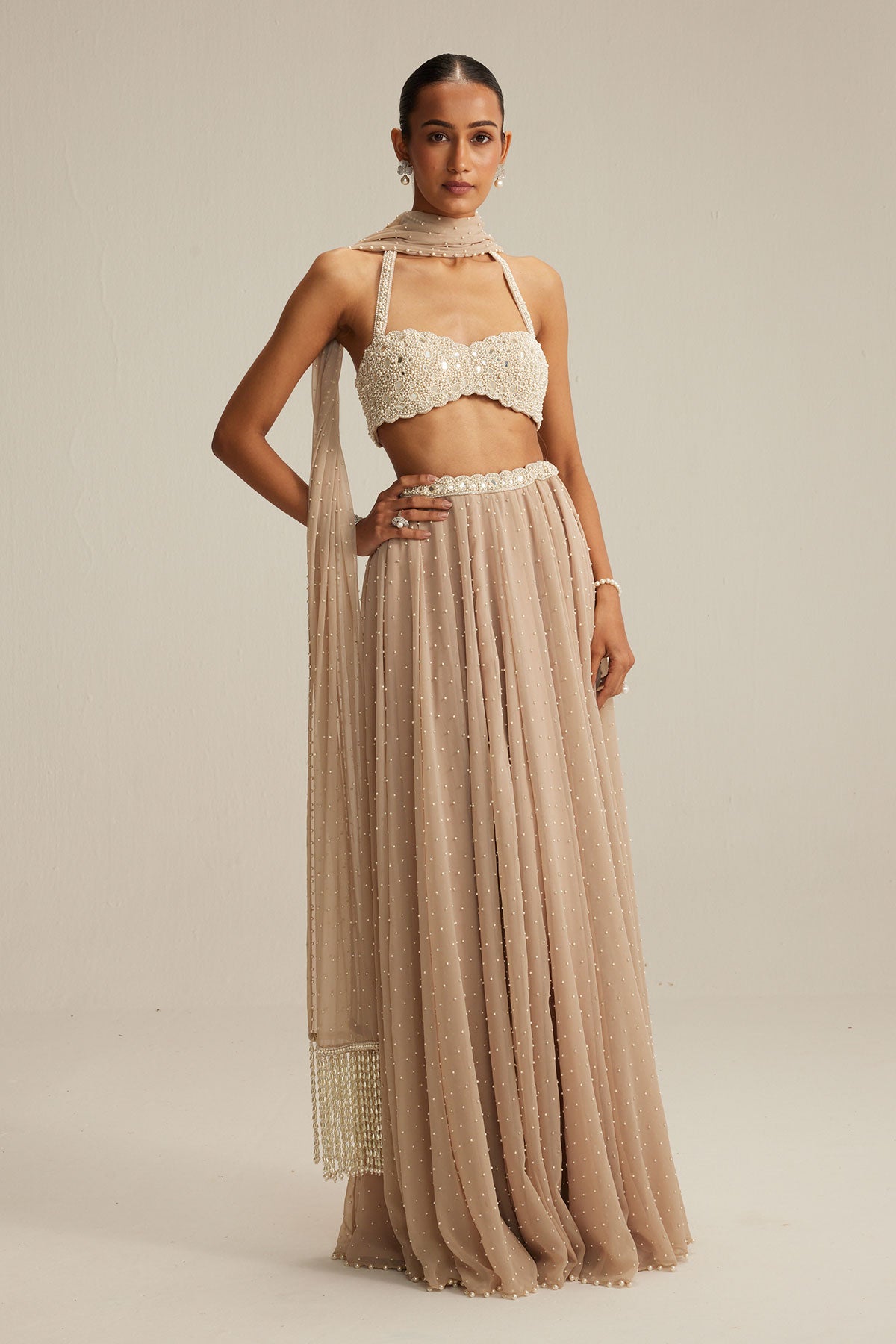 Light Beige Skirt Set With Halter Neck Blouse