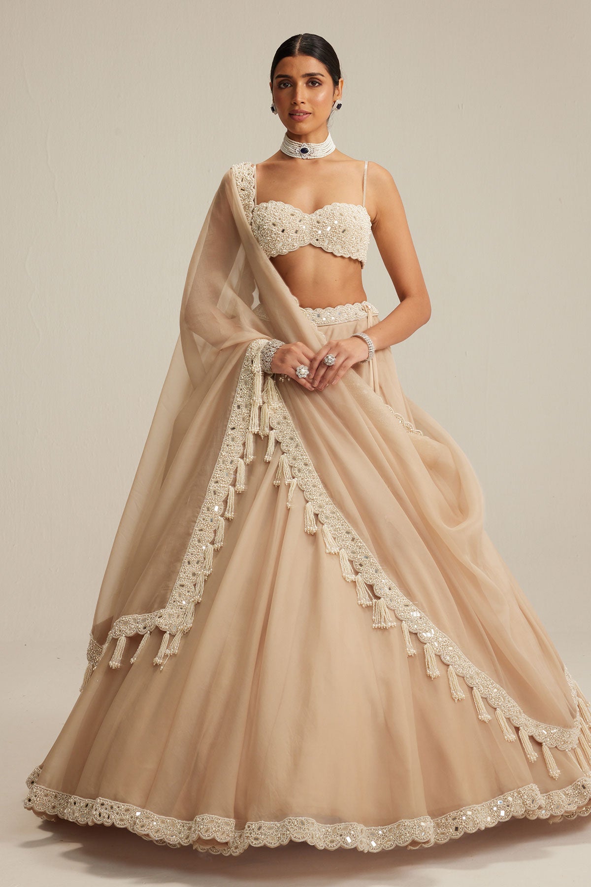 Ash Pink Pearl Drop Organza Lehenga Set