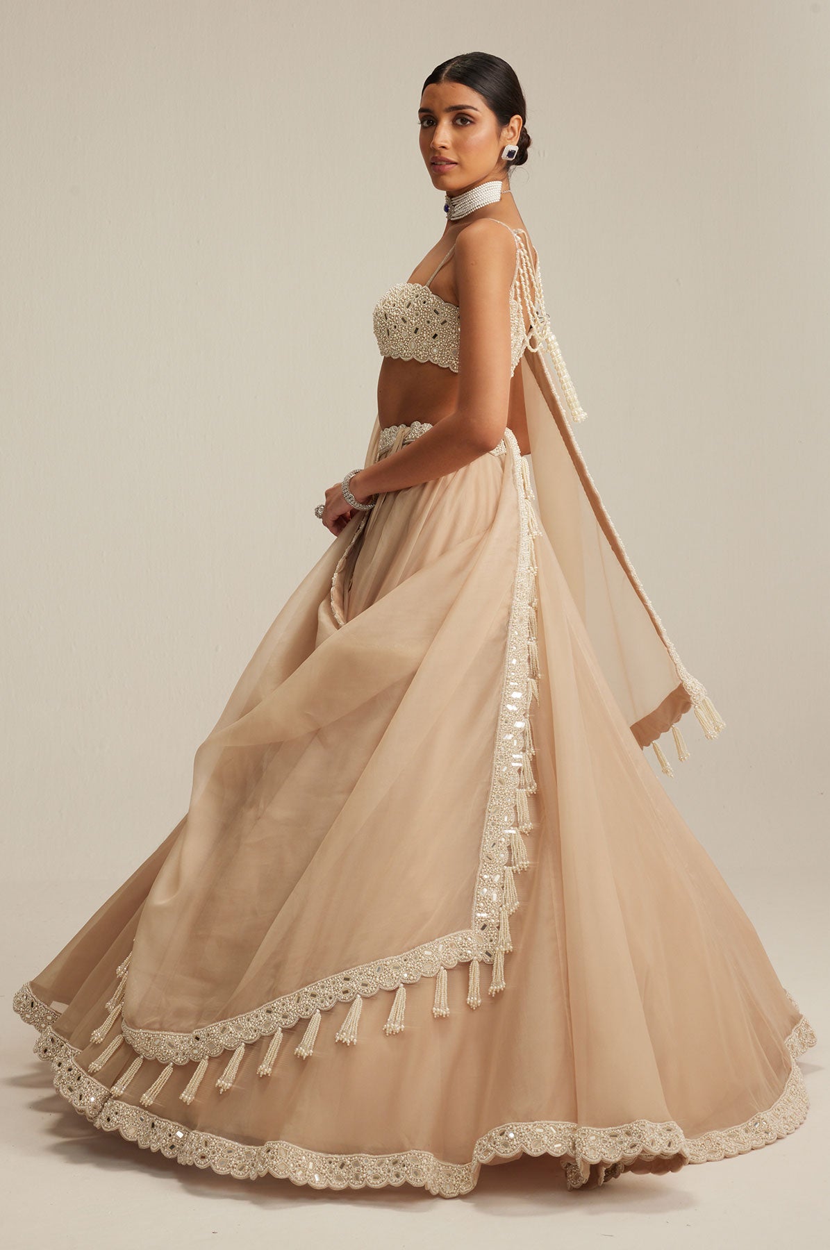 Light Beige Organza mirror and pearl lehenga set