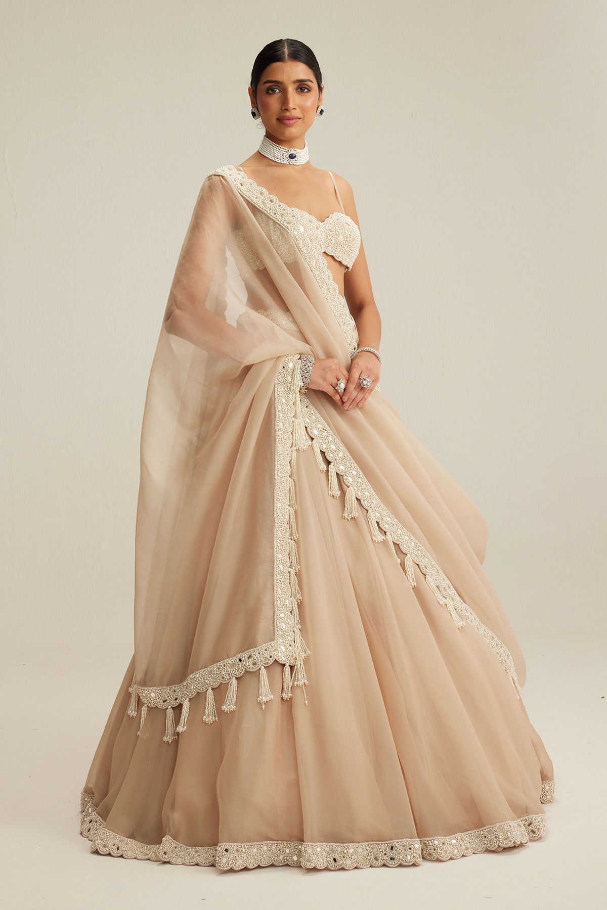 Light Beige Organza mirror and pearl lehenga set