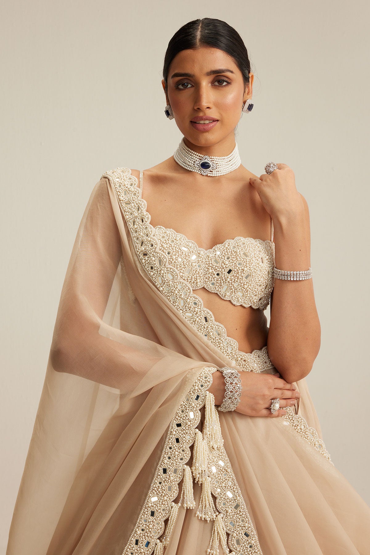 Ash Pink Pearl Drop Organza Lehenga Set