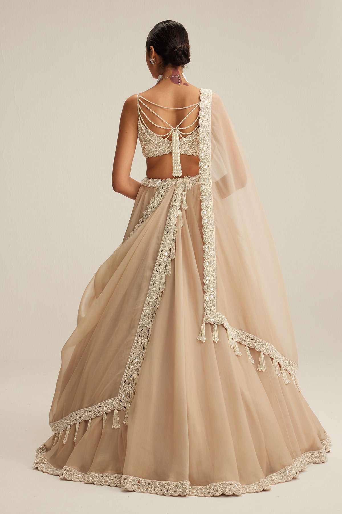 Light Beige Organza mirror and pearl lehenga set