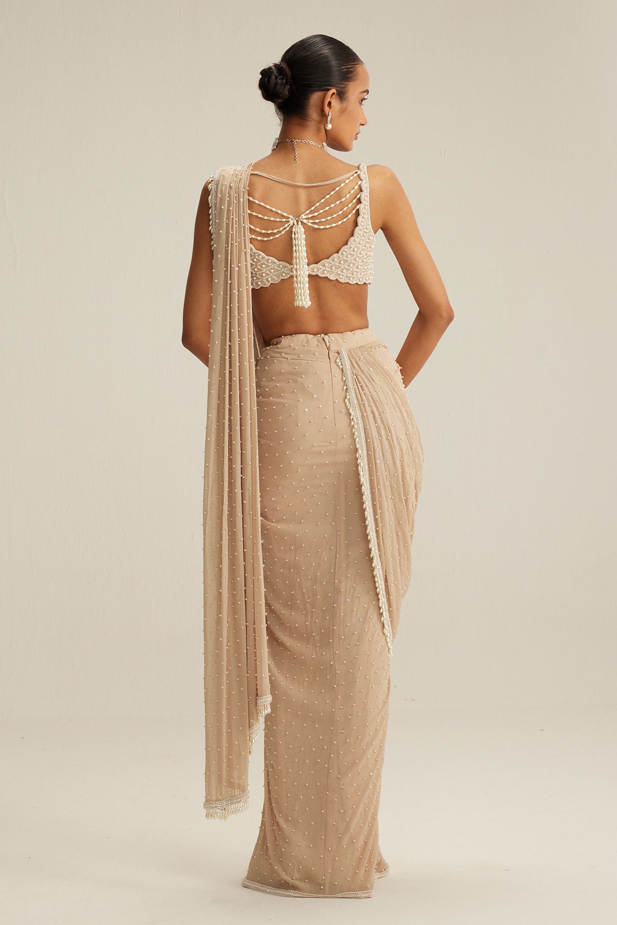 Light Beige Draped Saree Set