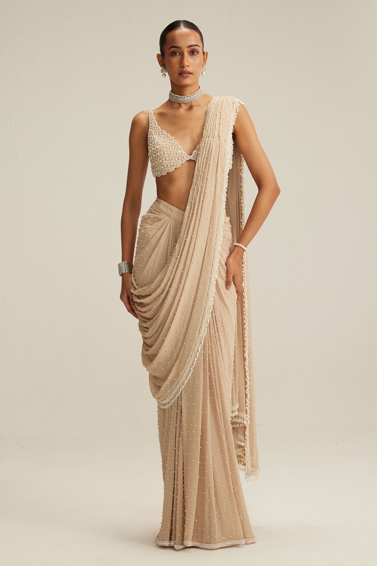 Light Beige Draped Saree Set