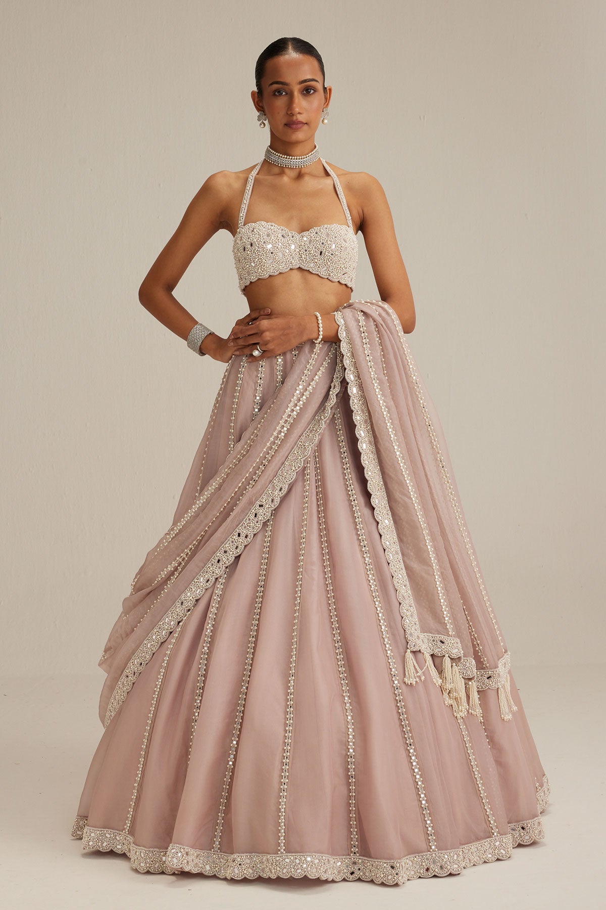 Ash Pink linear embroidered Organza Lehenga Set