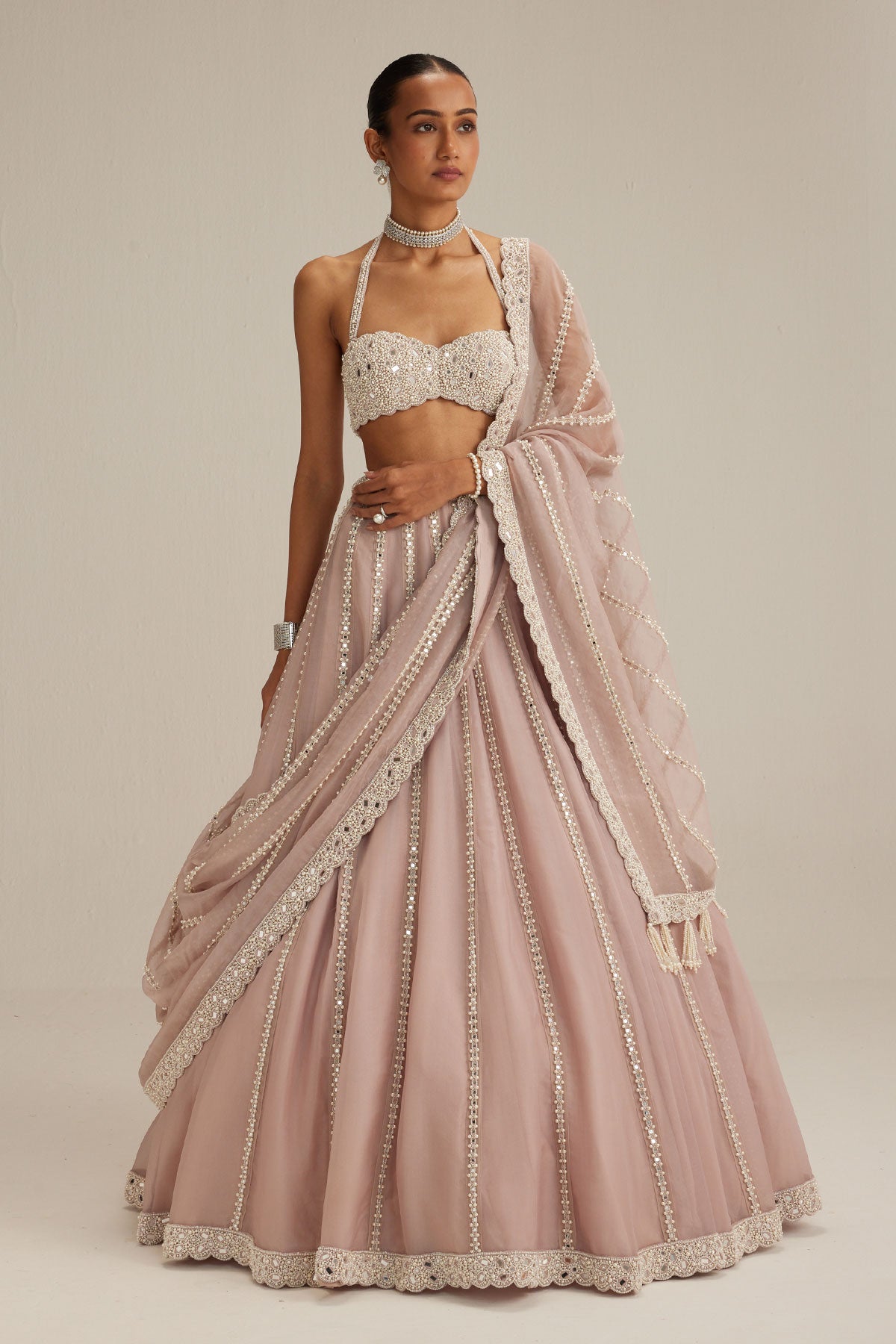 Ash Pink linear embroidered Organza Lehenga Set