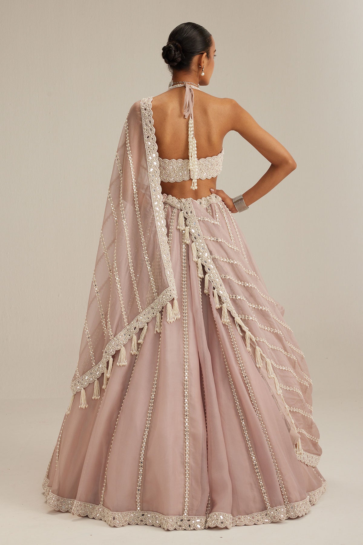 Ash Pink linear embroidered Organza Lehenga Set