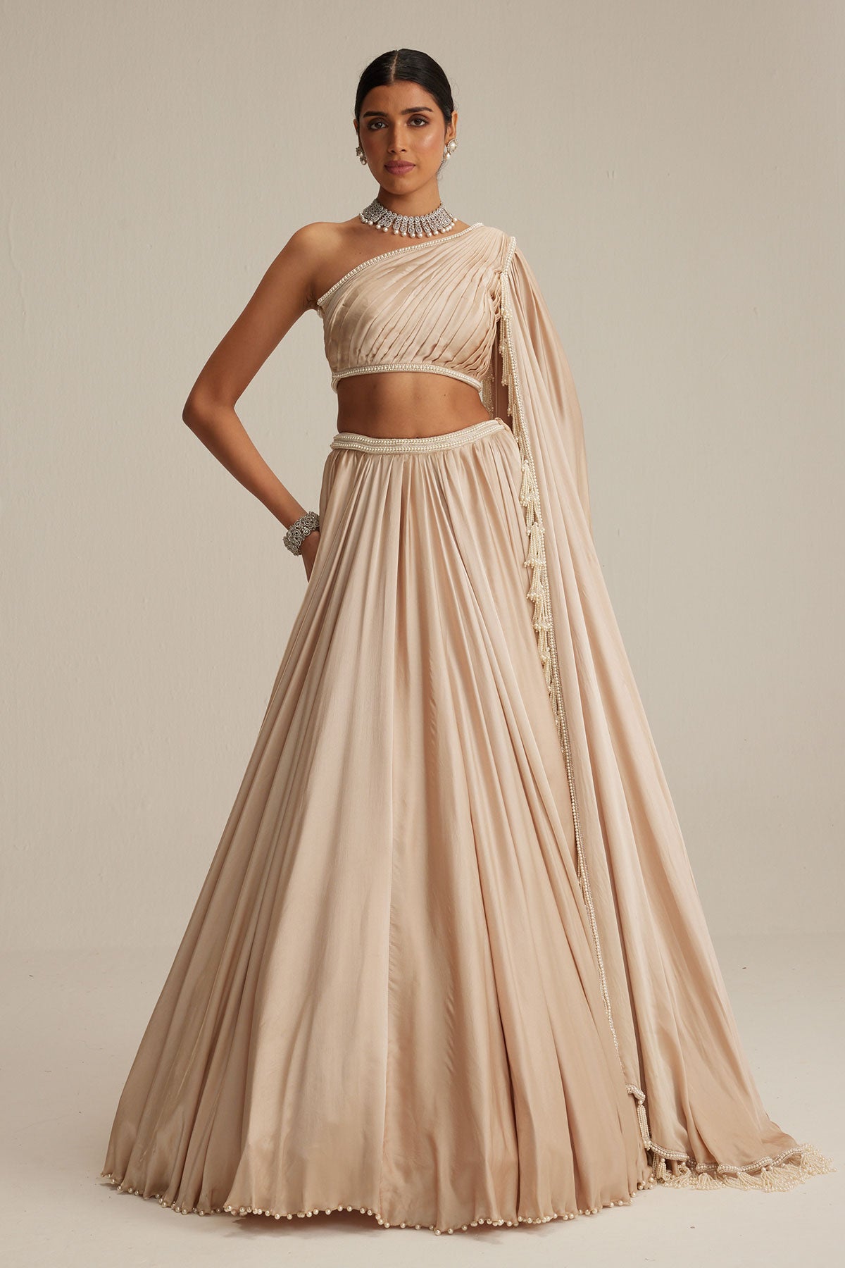 Light Beige Satin Lehenga Set