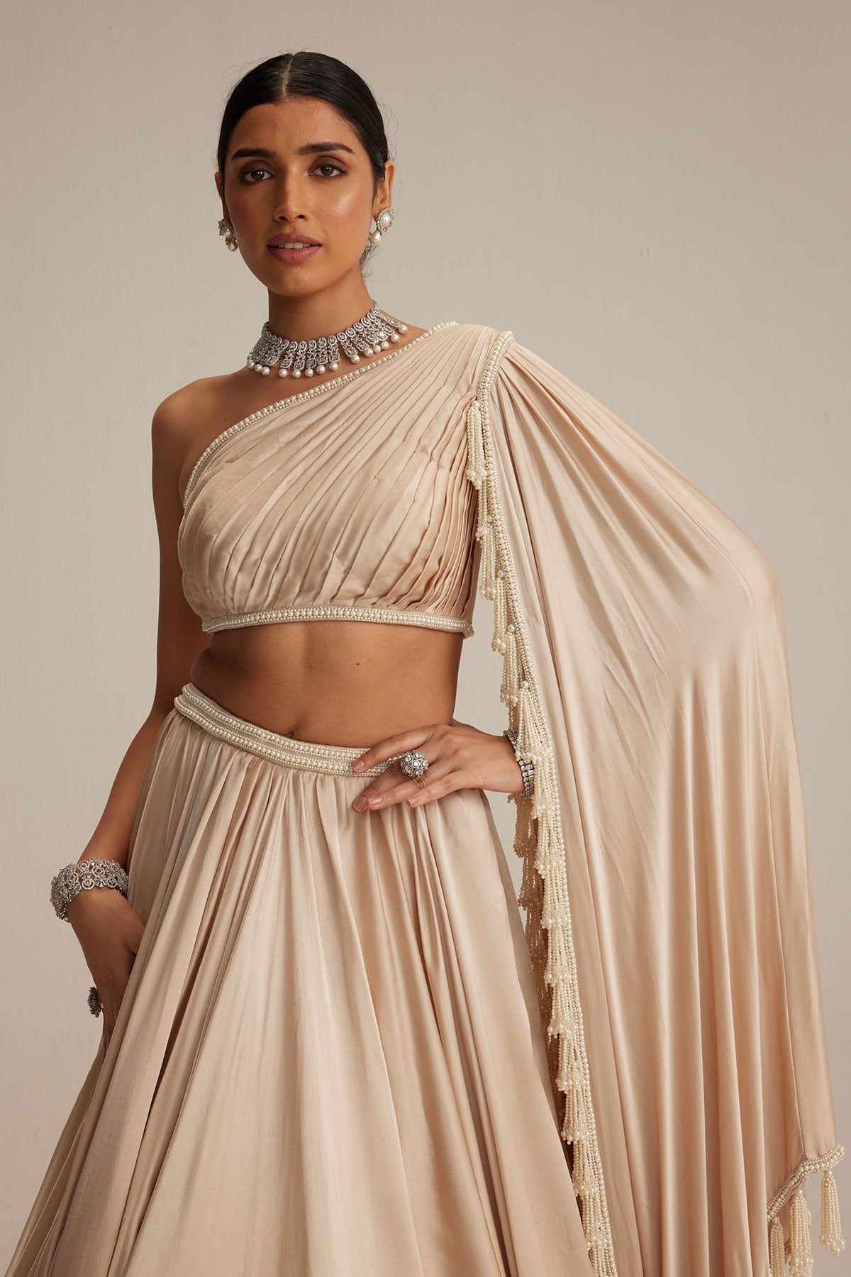 Light Beige Satin Lehenga Set