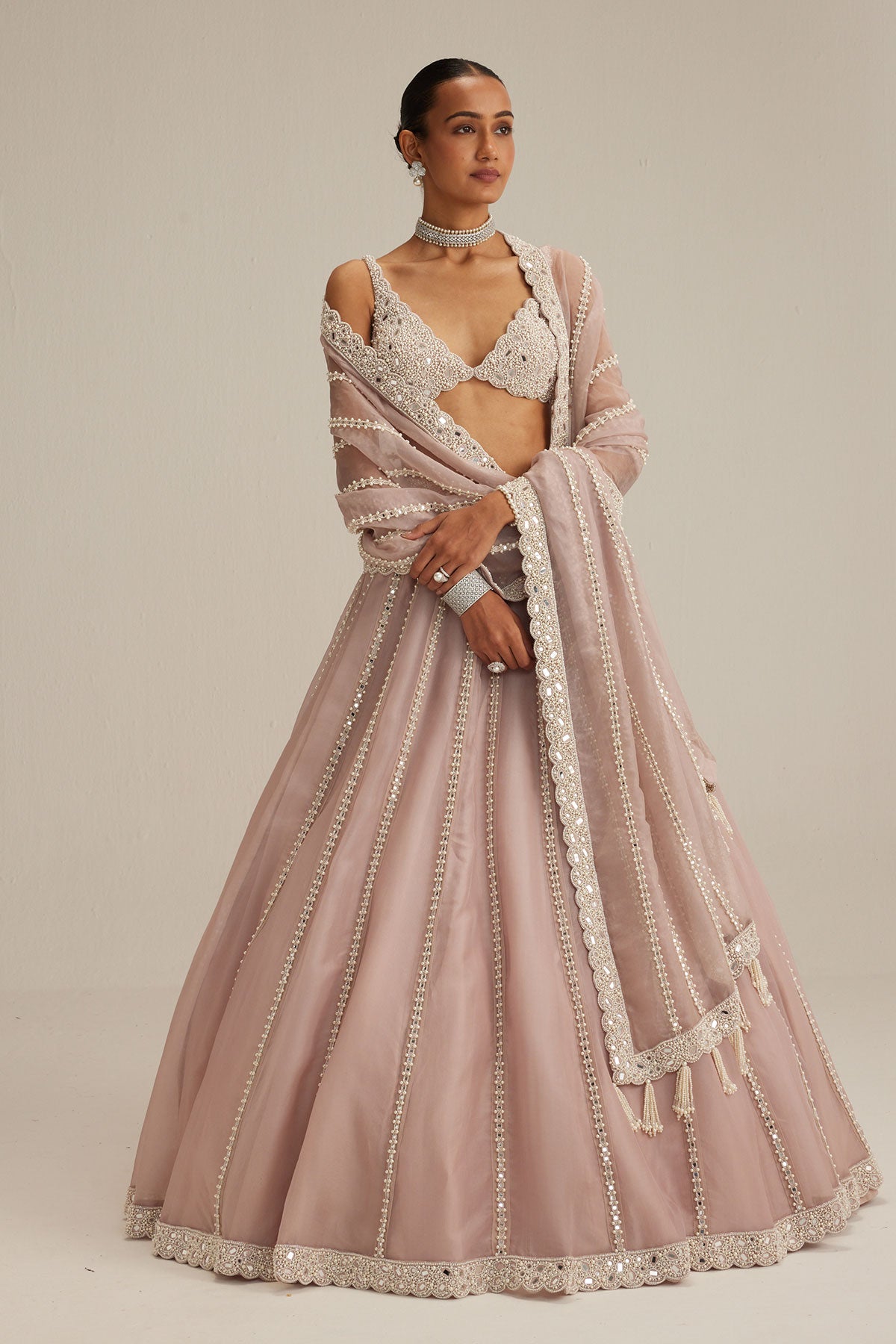 Ash Pink Pearl Mirror linear Lehenga with V neck Blouse