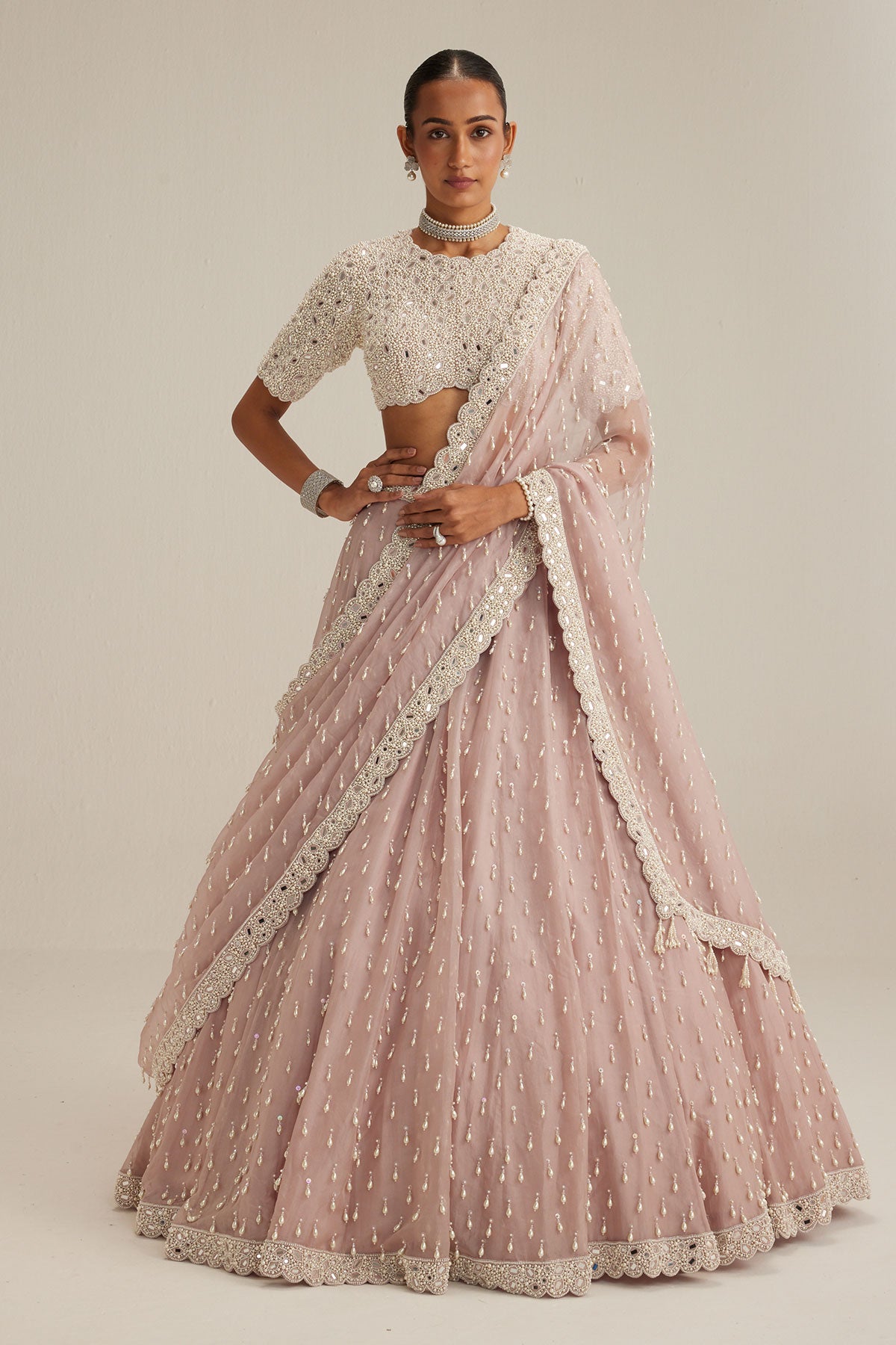 Ash Pink Pearl Drop Lehenga with high neck blouse