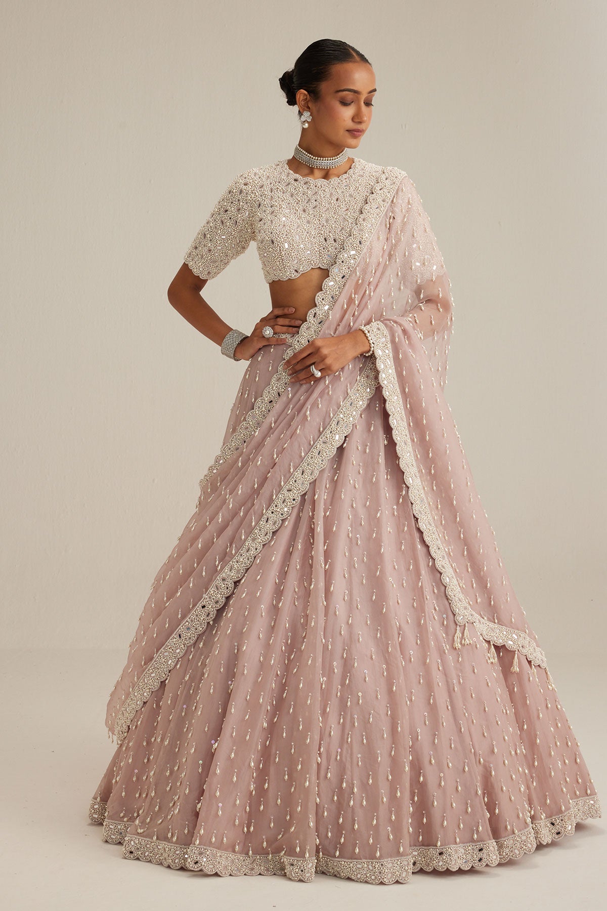 Ash Pink Pearl Drop Lehenga with high neck blouse
