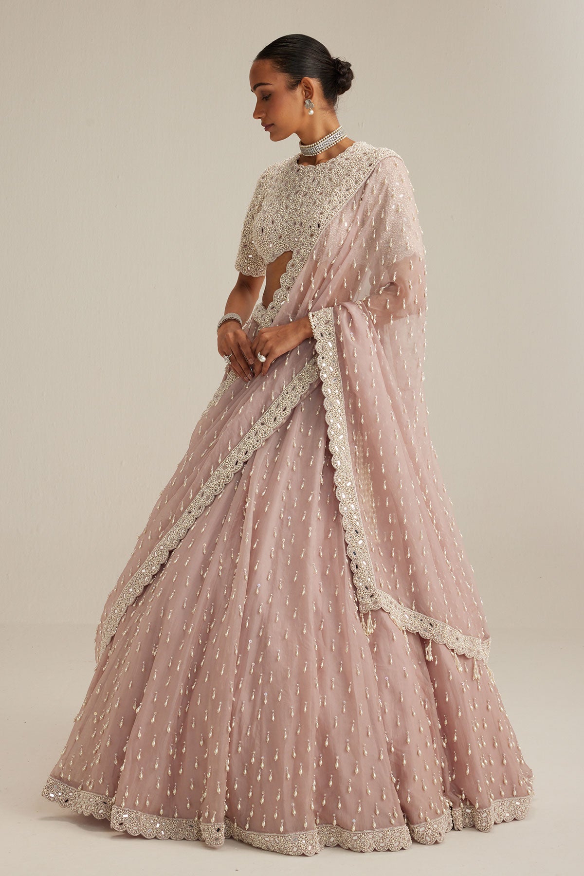 Ash Pink Pearl Drop Lehenga with high neck blouse