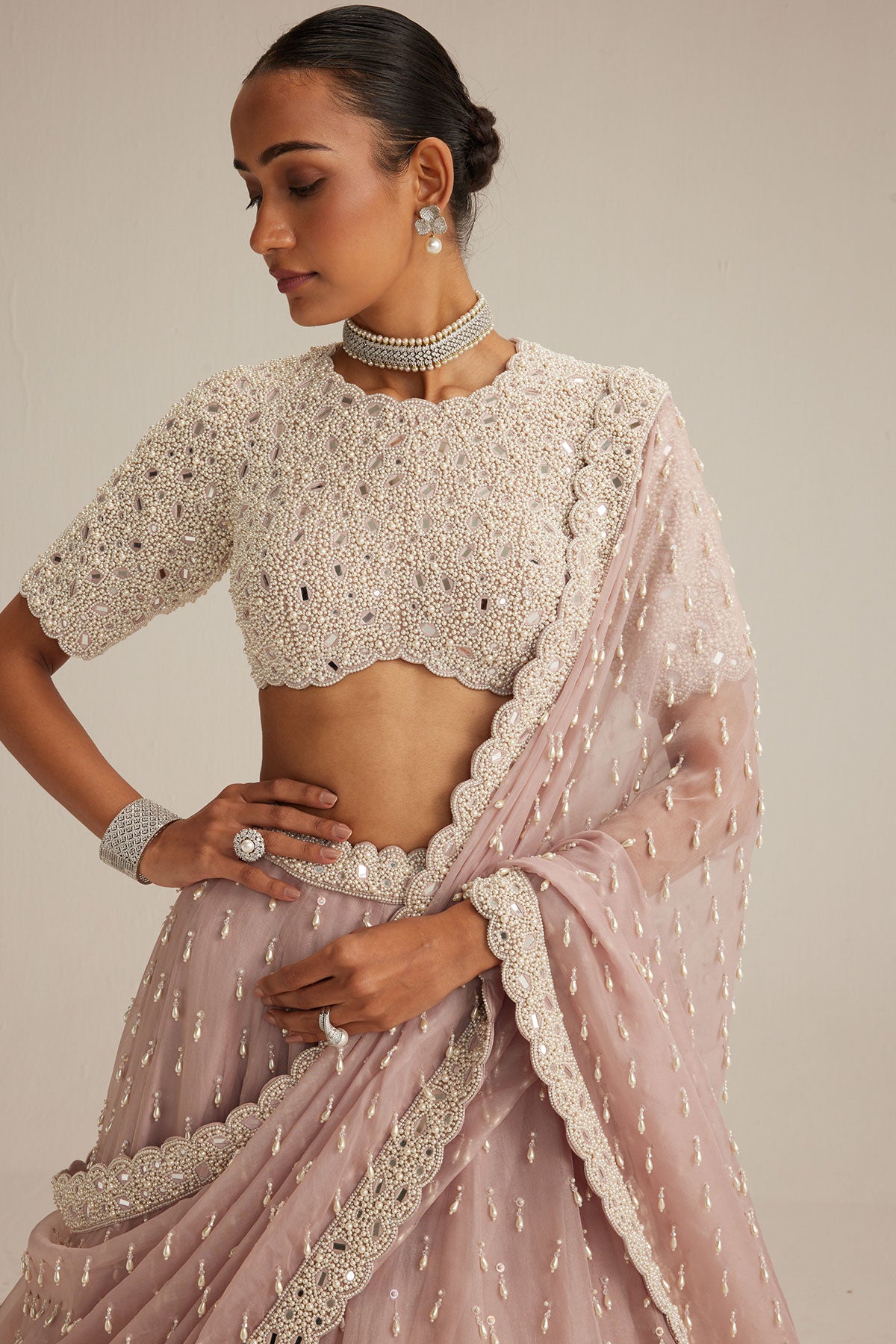 Ash Pink Pearl Drop Lehenga with high neck blouse