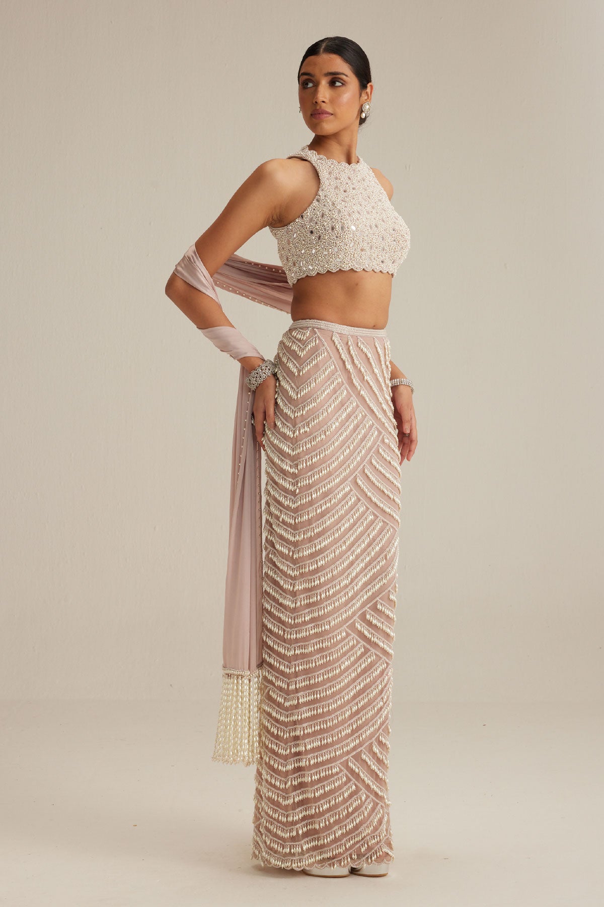 Ash Pink Pearl Drop Pencil Skirt Set