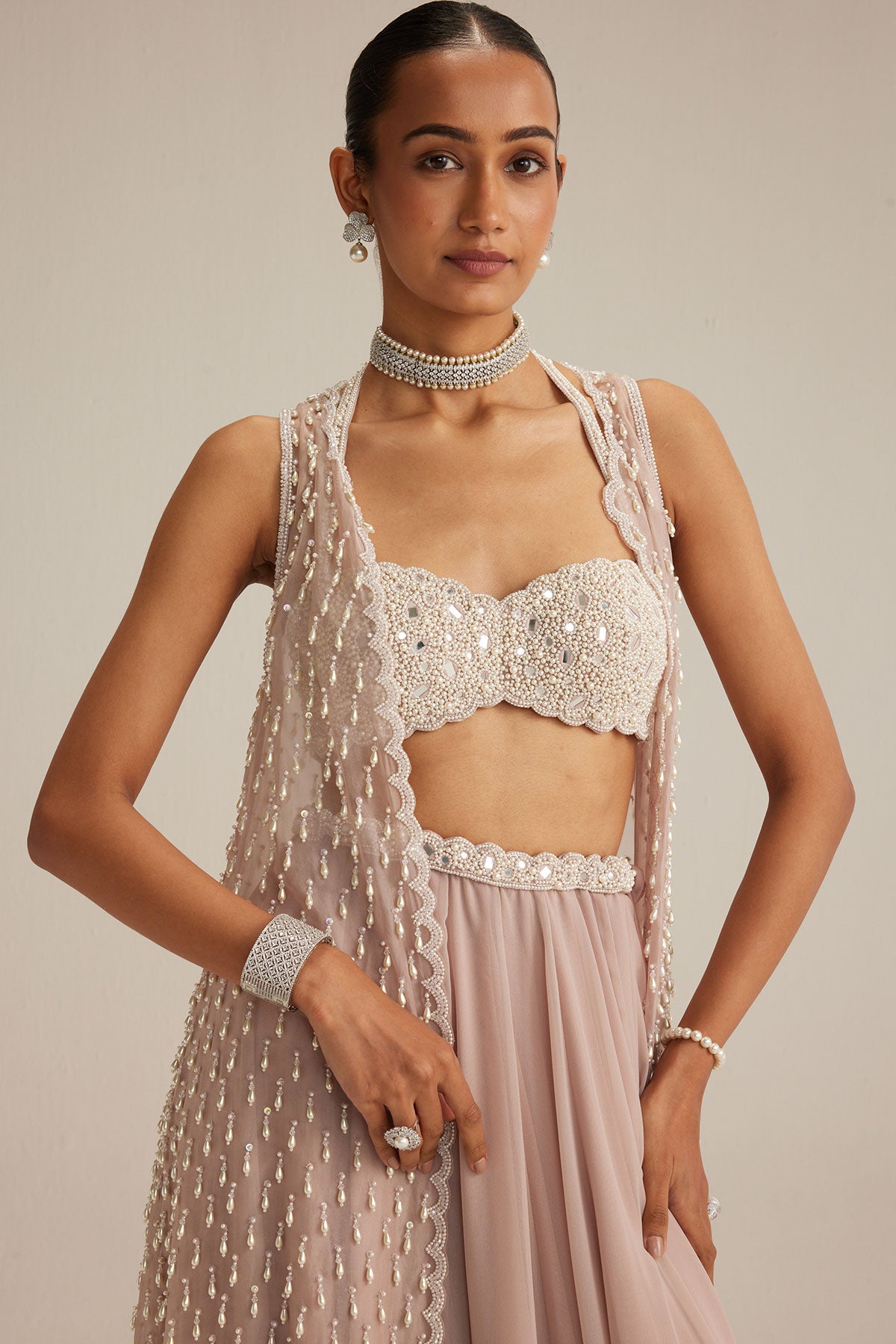 Ash Pink Pearl Drop Jacket Skirt Set