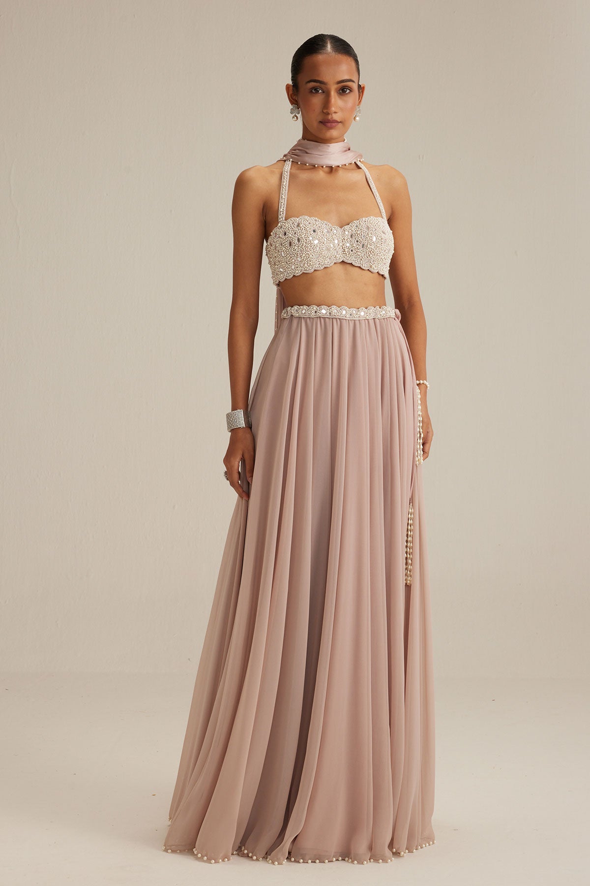Ash Pink Georgette Skirt with Halter neck Blouse and stole