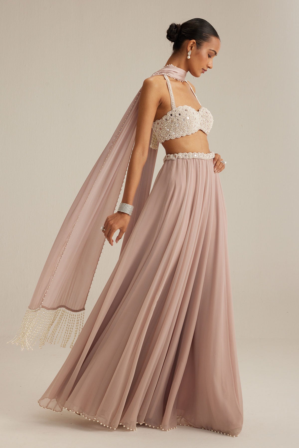 Ash Pink Georgette Skirt with Halter neck Blouse and stole