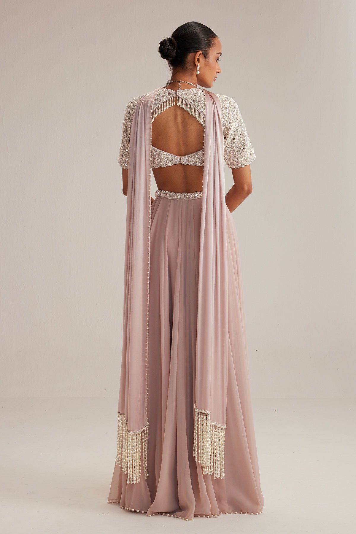 Ash Pink georgette Skirt with High Neck Blouse and Stole