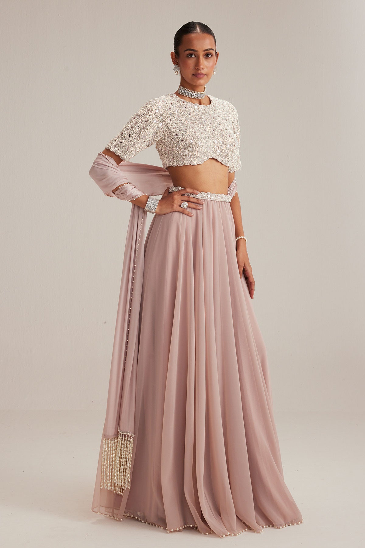 Ash Pink georgette Skirt with High Neck Blouse and Stole