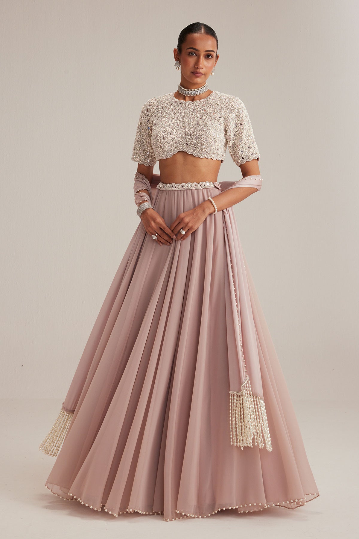 Ash Pink georgette Skirt with High Neck Blouse and Stole
