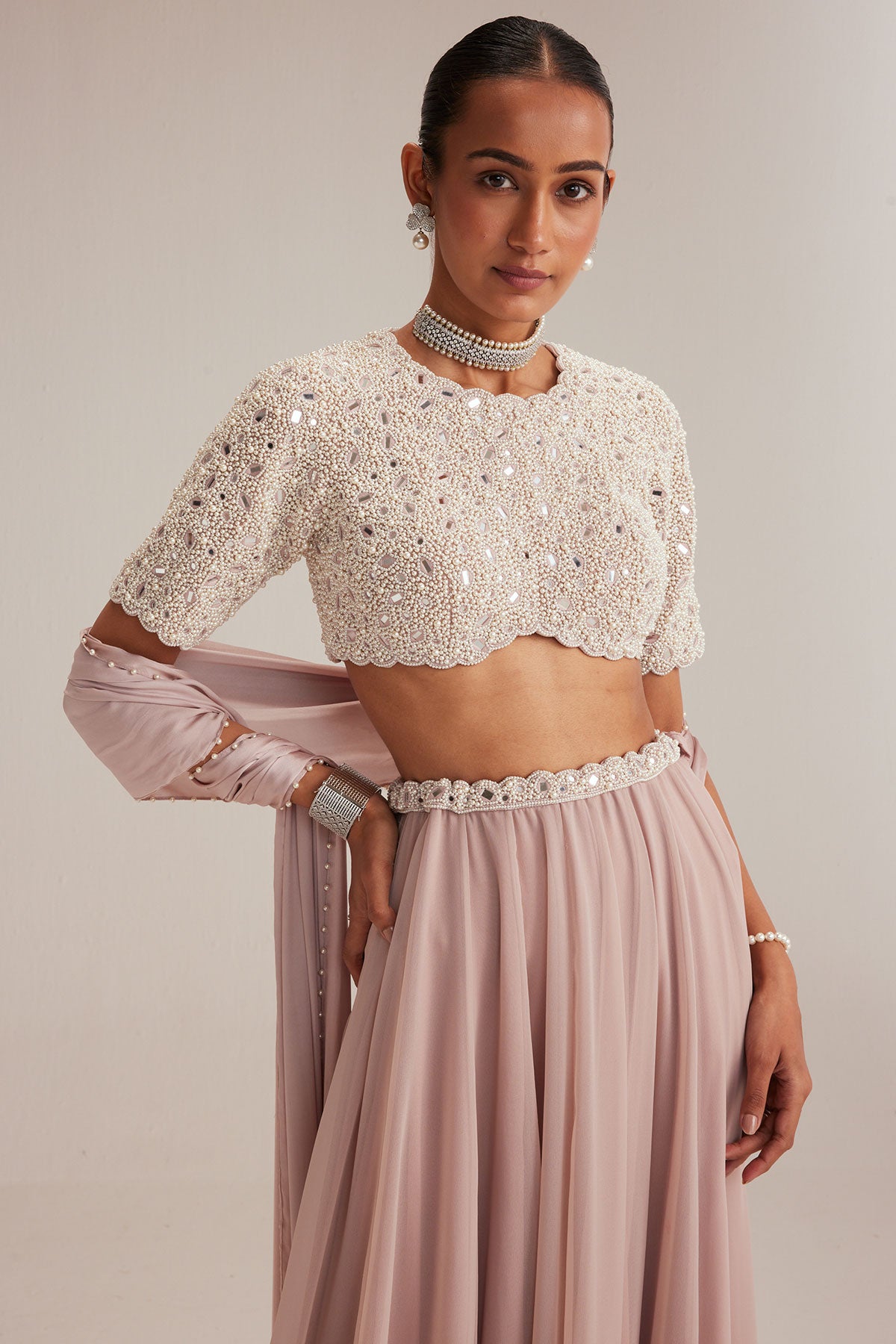 Ash Pink georgette Skirt with High Neck Blouse and Stole