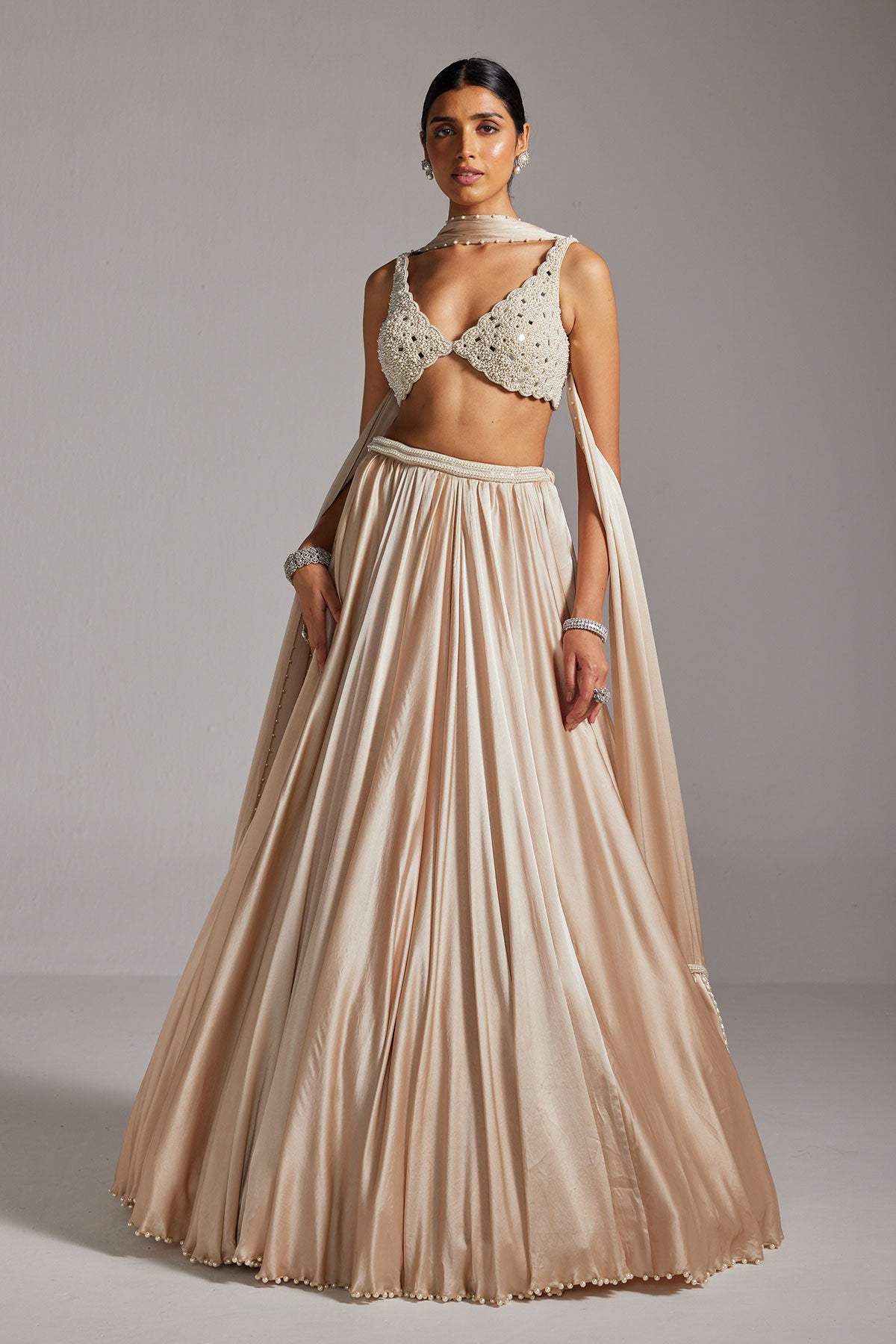 Light Beige V Neck Satin skirt Set